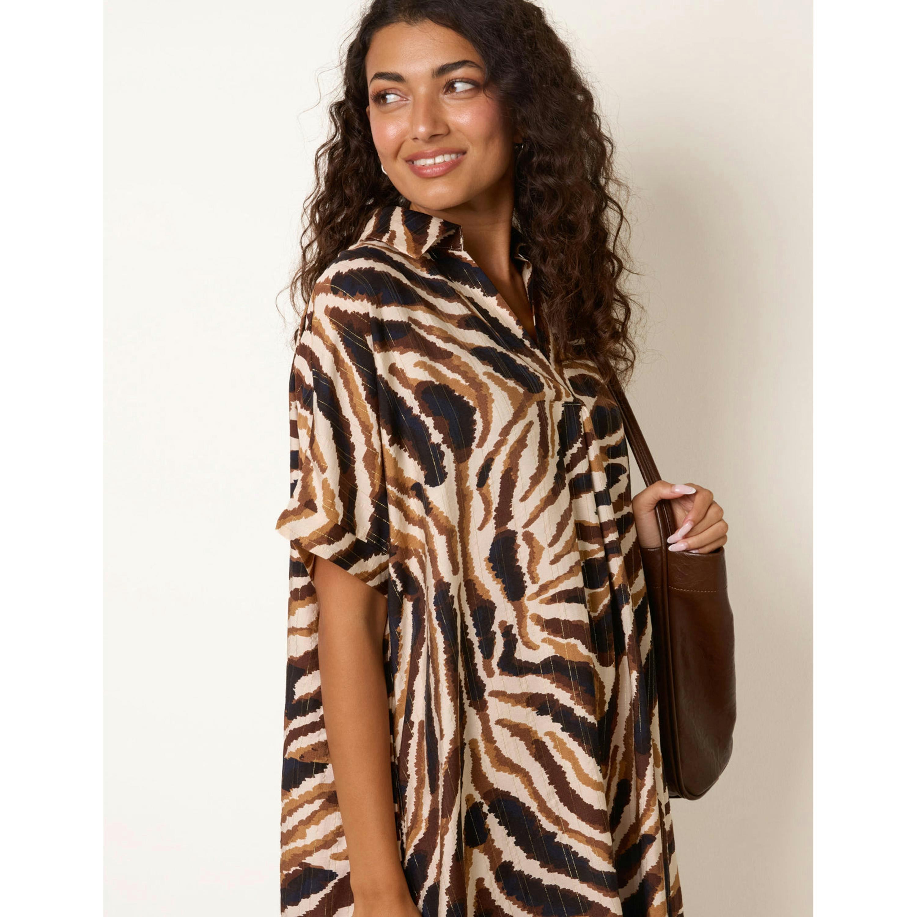 Blue Vanilla Zebra Print Shirt Dress  in Brown , view 3 of 4