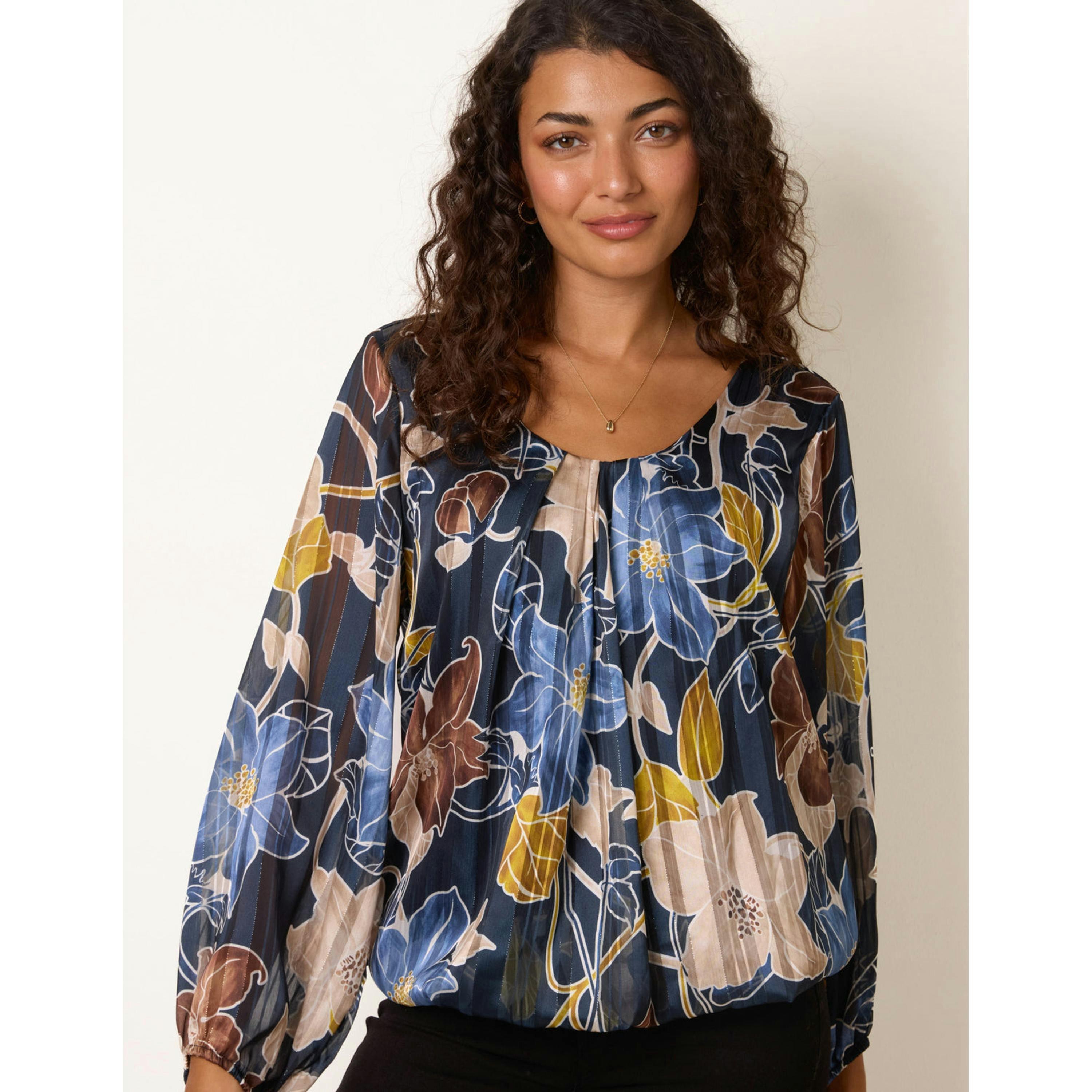 Blue Vanilla Long Sleeve Metallic Round Neck Blouse  in Navy , view 1 of 4