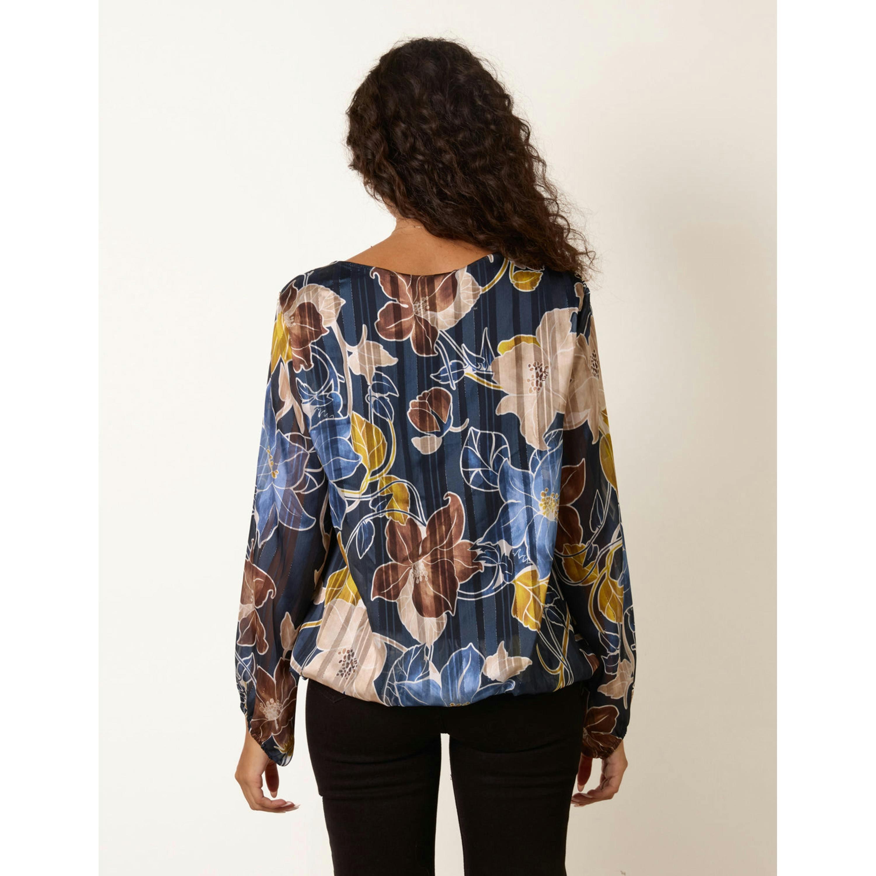Blue Vanilla Long Sleeve Metallic Round Neck Blouse  in Navy , view 2 of 4