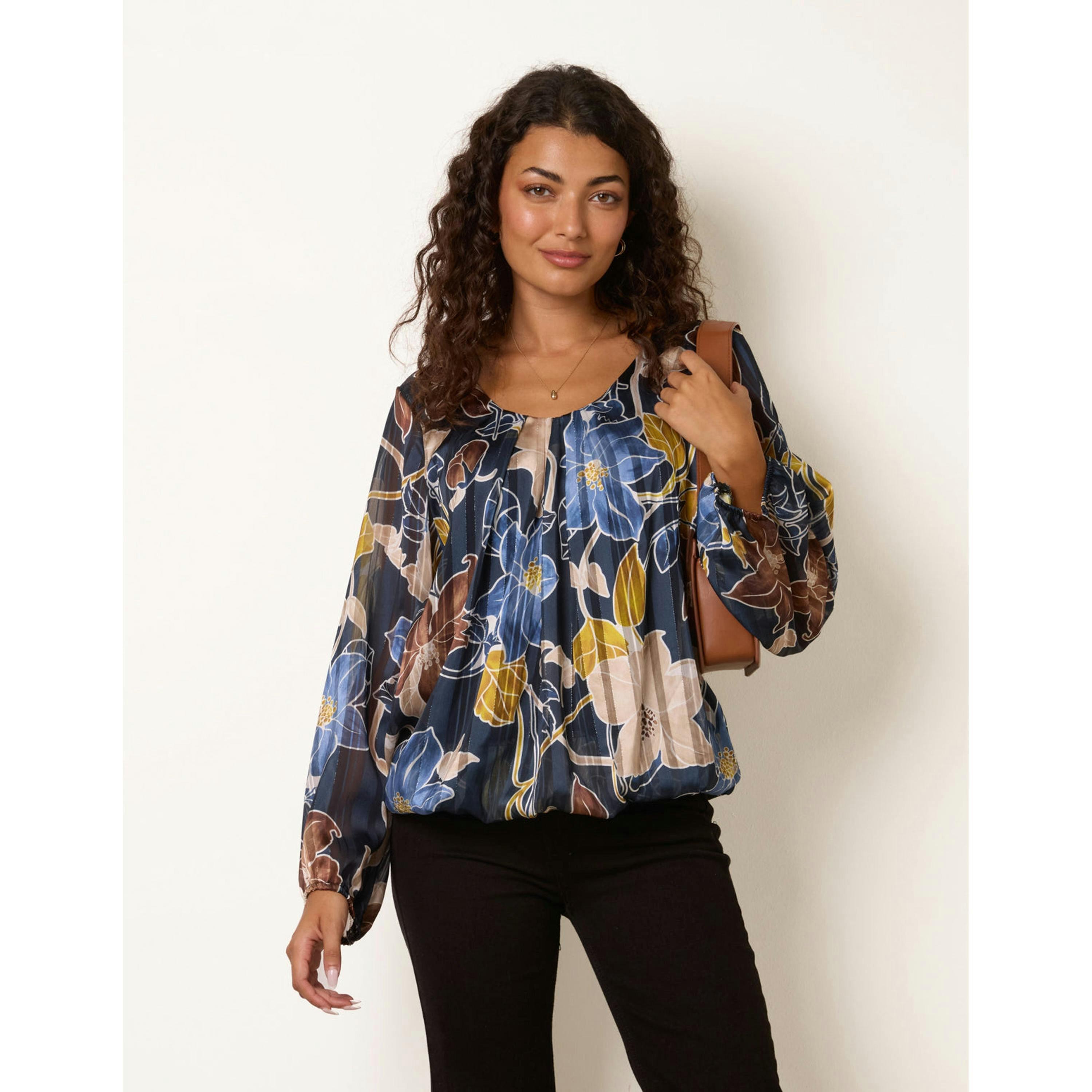 Blue Vanilla Long Sleeve Metallic Round Neck Blouse  in Navy , view 3 of 4
