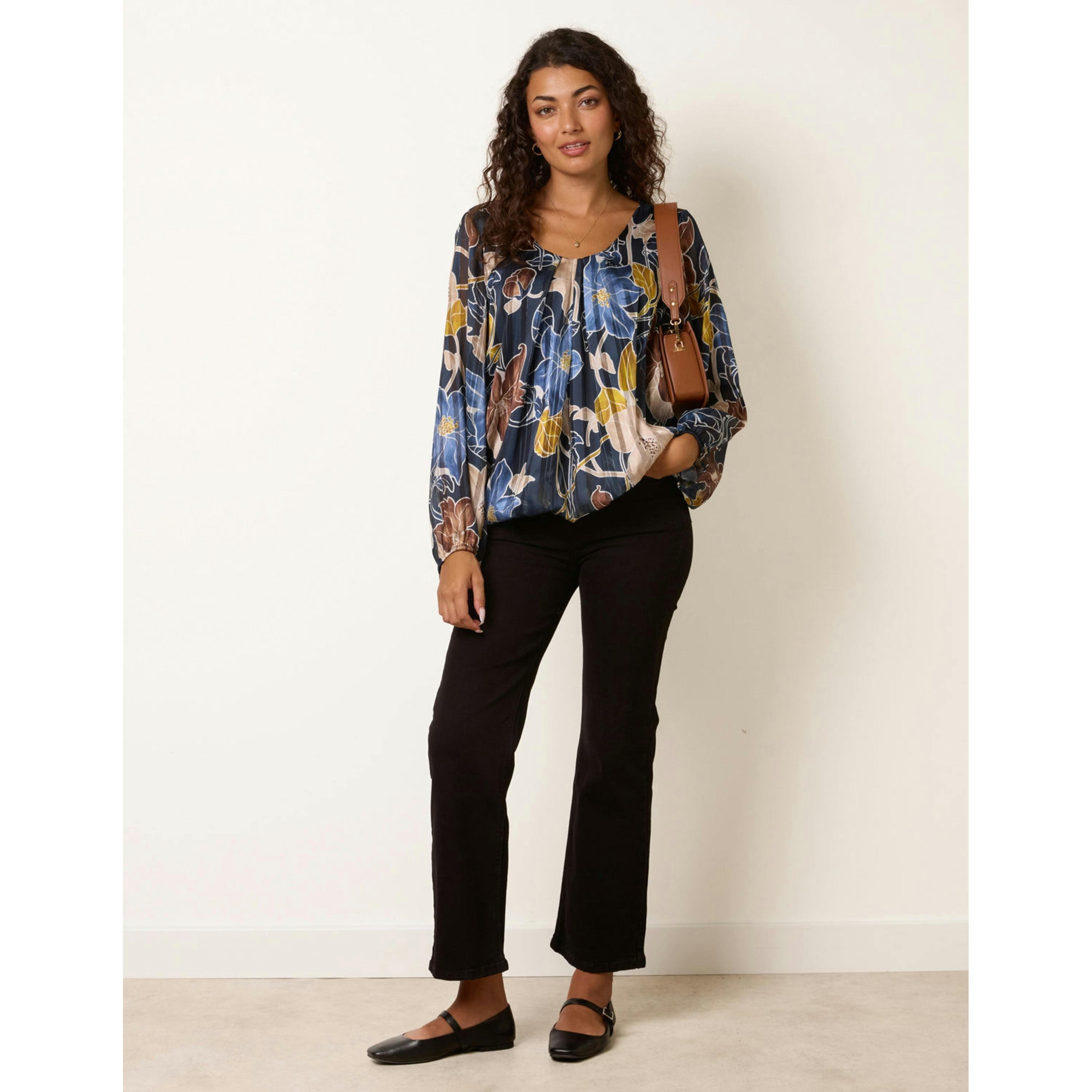 Blue Vanilla Long Sleeve Metallic Round Neck Blouse  in Navy , view 4 of 4