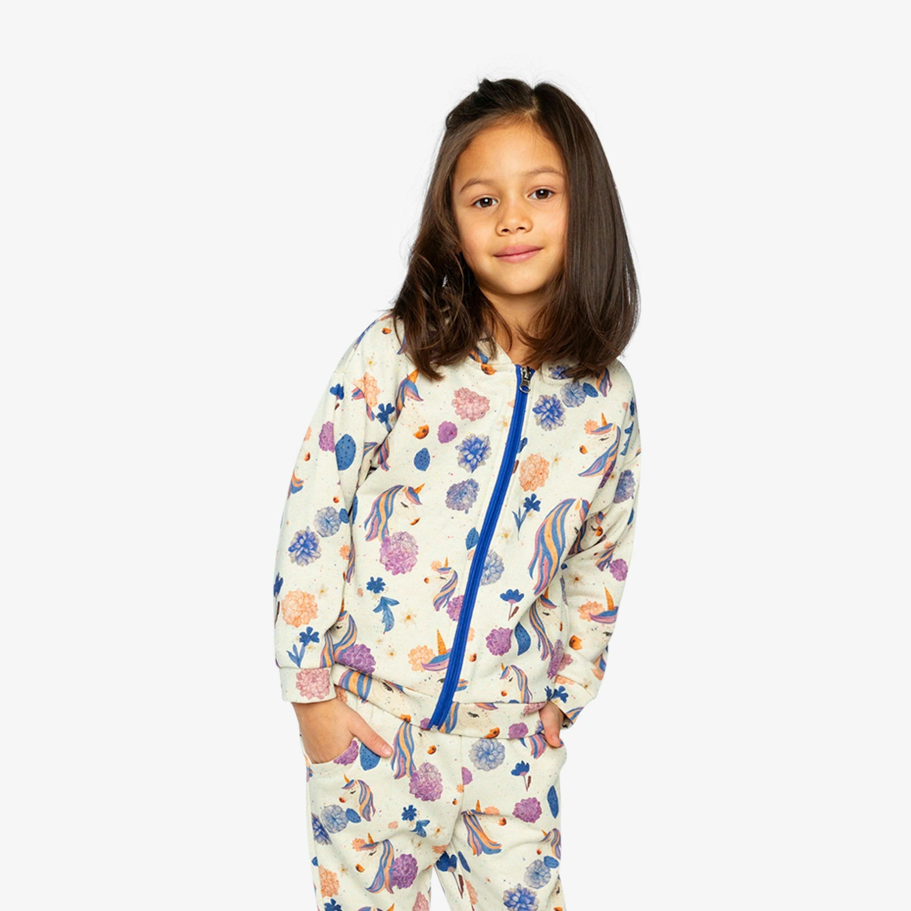 Hooded Zipped French Terry Cardigan Beige Unicorn Print , view 2 of 6