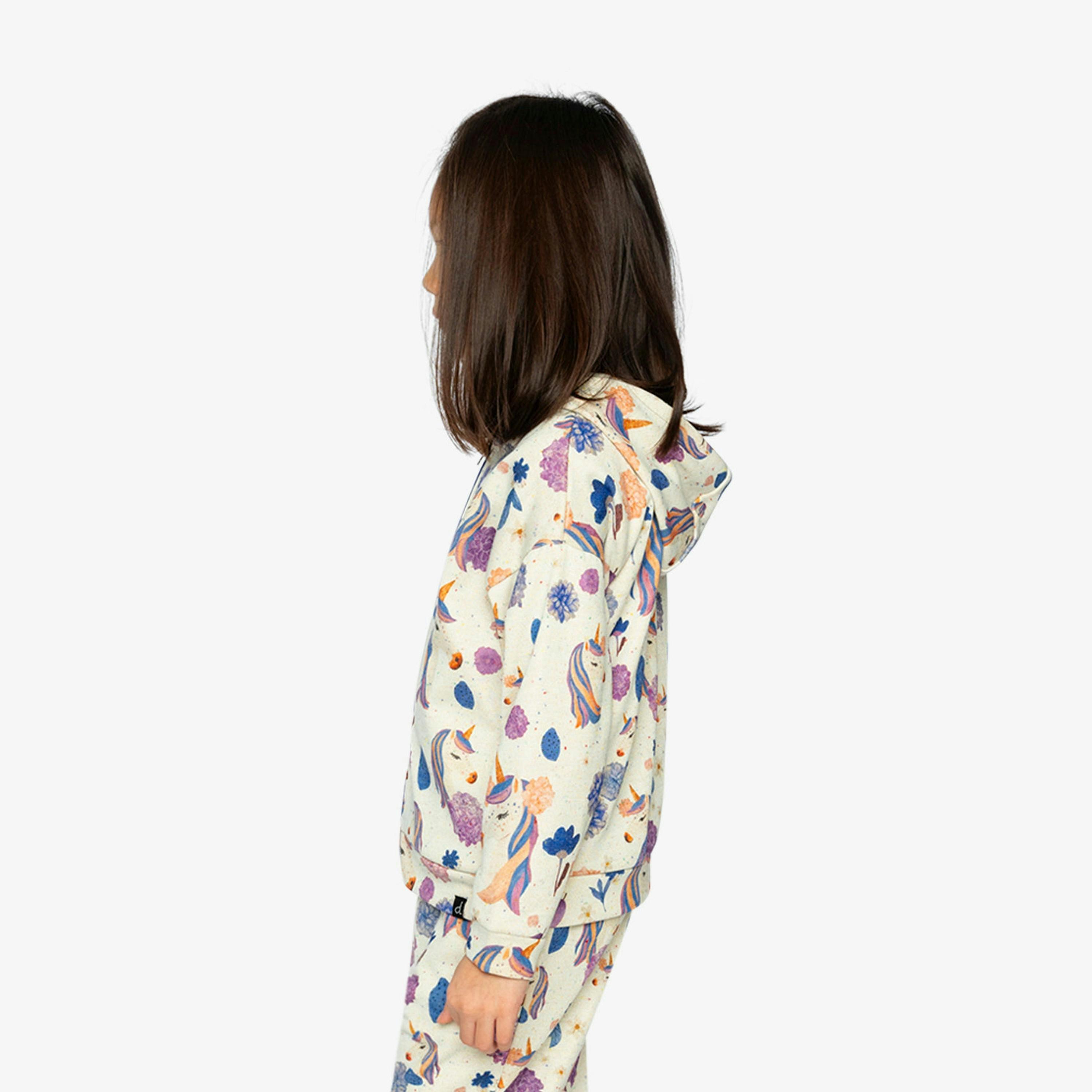 Hooded Zipped French Terry Cardigan Beige Unicorn Print , view 3 of 6