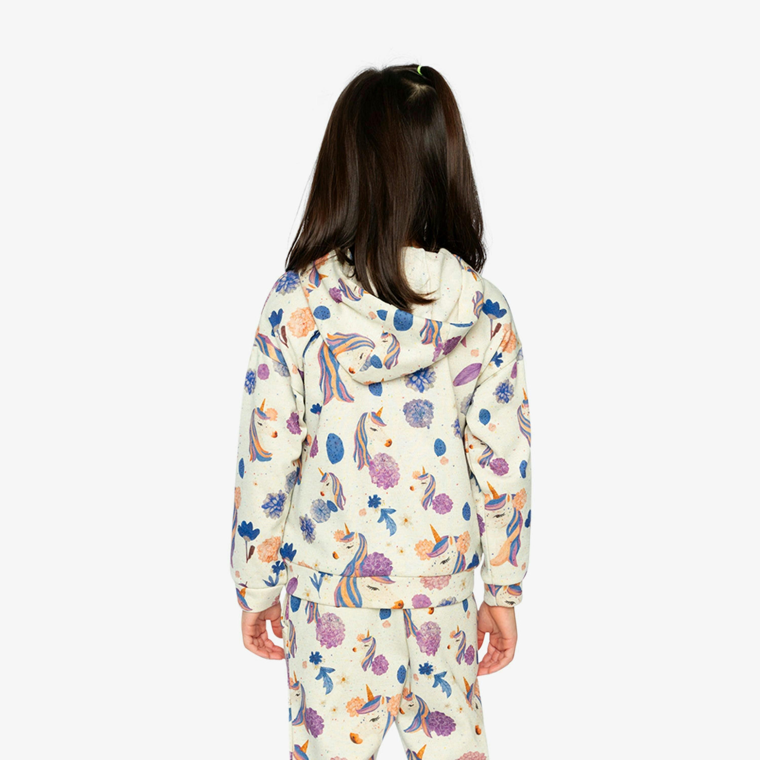Hooded Zipped French Terry Cardigan Beige Unicorn Print , view 4 of 6