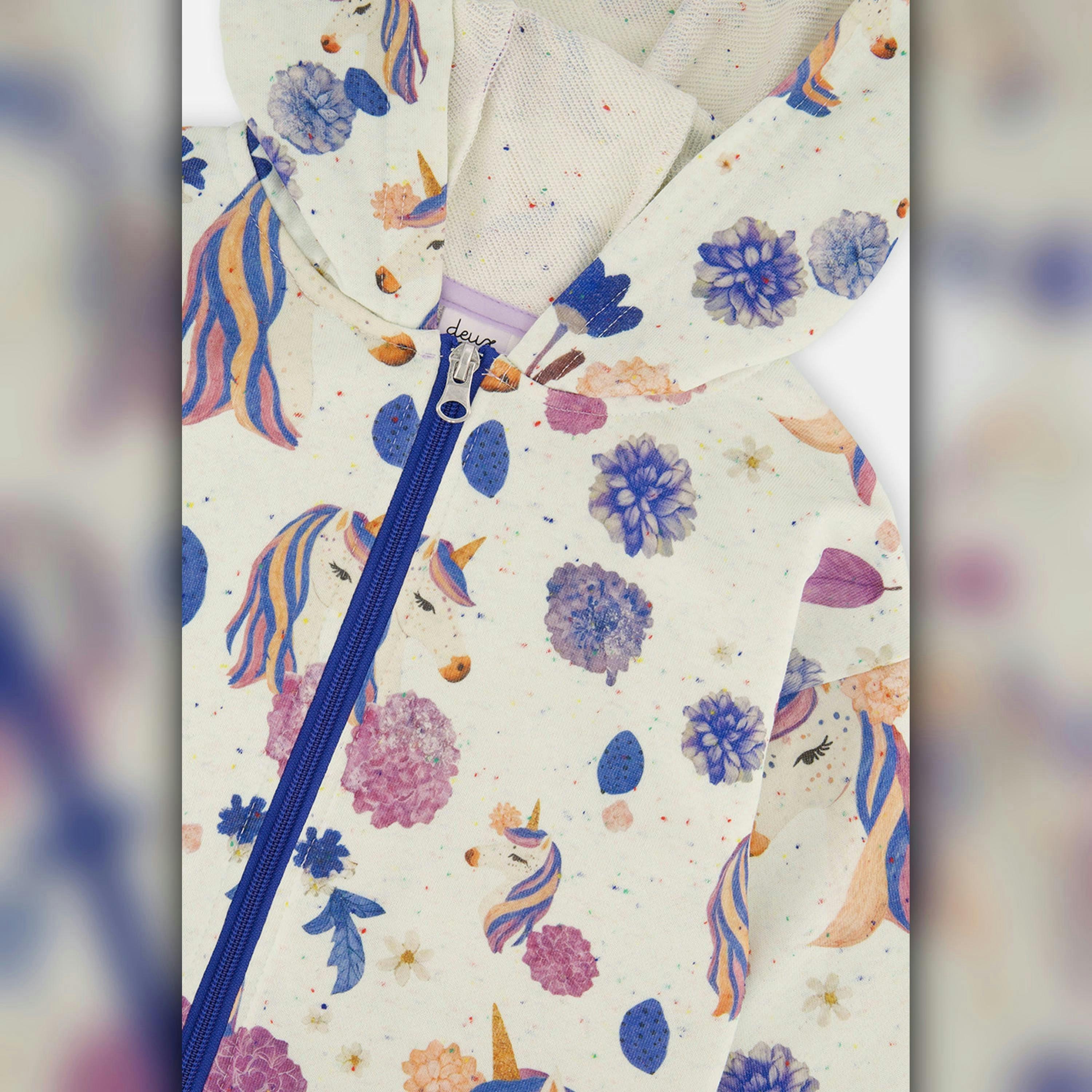 Hooded Zipped French Terry Cardigan Beige Unicorn Print , view 6 of 6