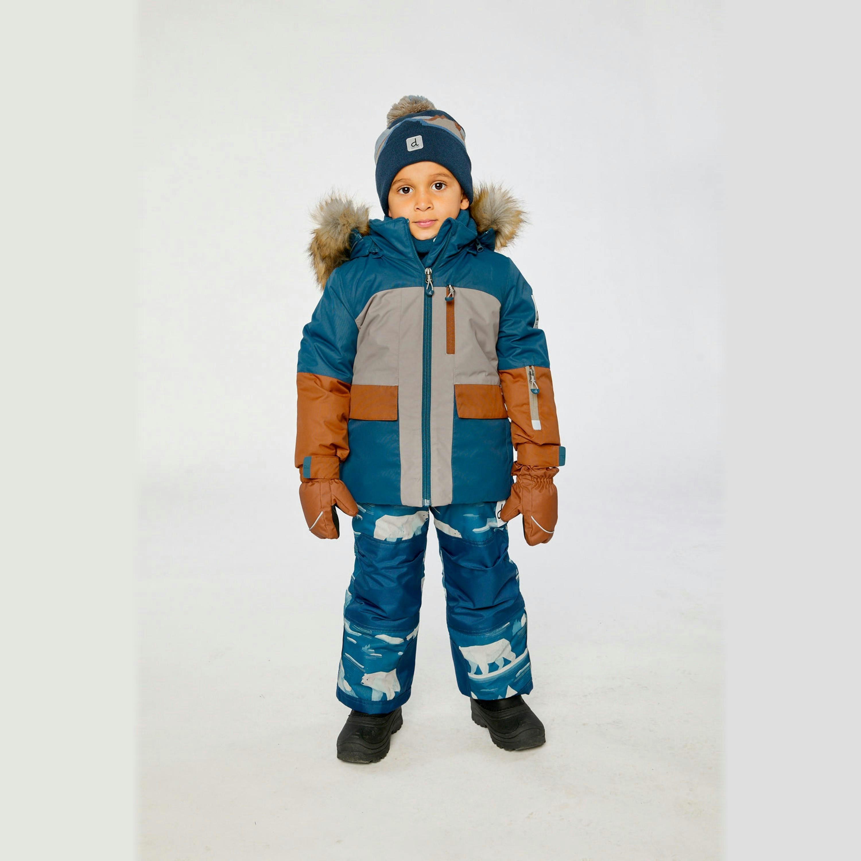 Two Piece Play Snowsuit Navy And Rust Colorblock With Blue Bear Print Pants , view 4 of 6