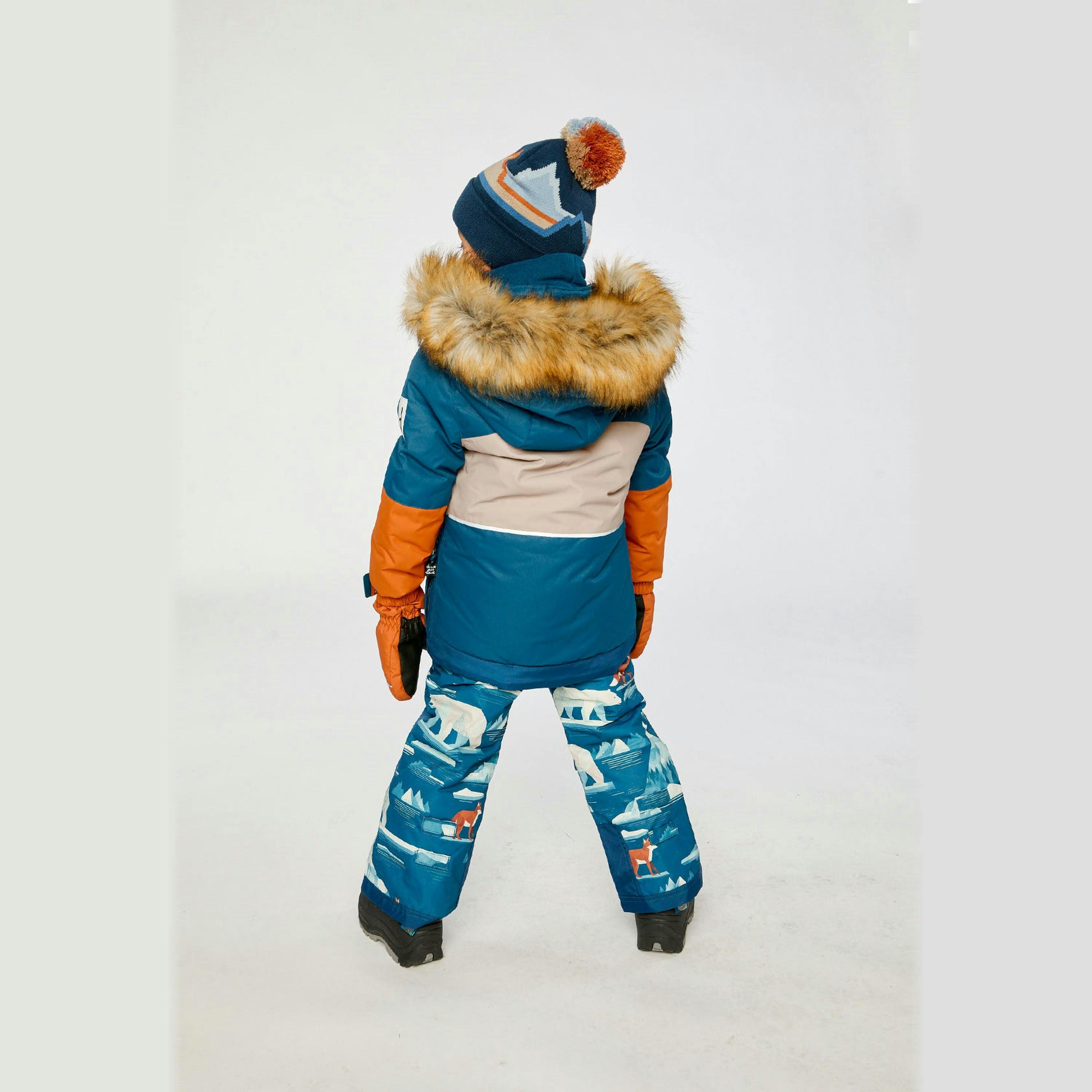 Two Piece Play Snowsuit Navy And Rust Colorblock With Blue Bear Print Pants , view 6 of 6