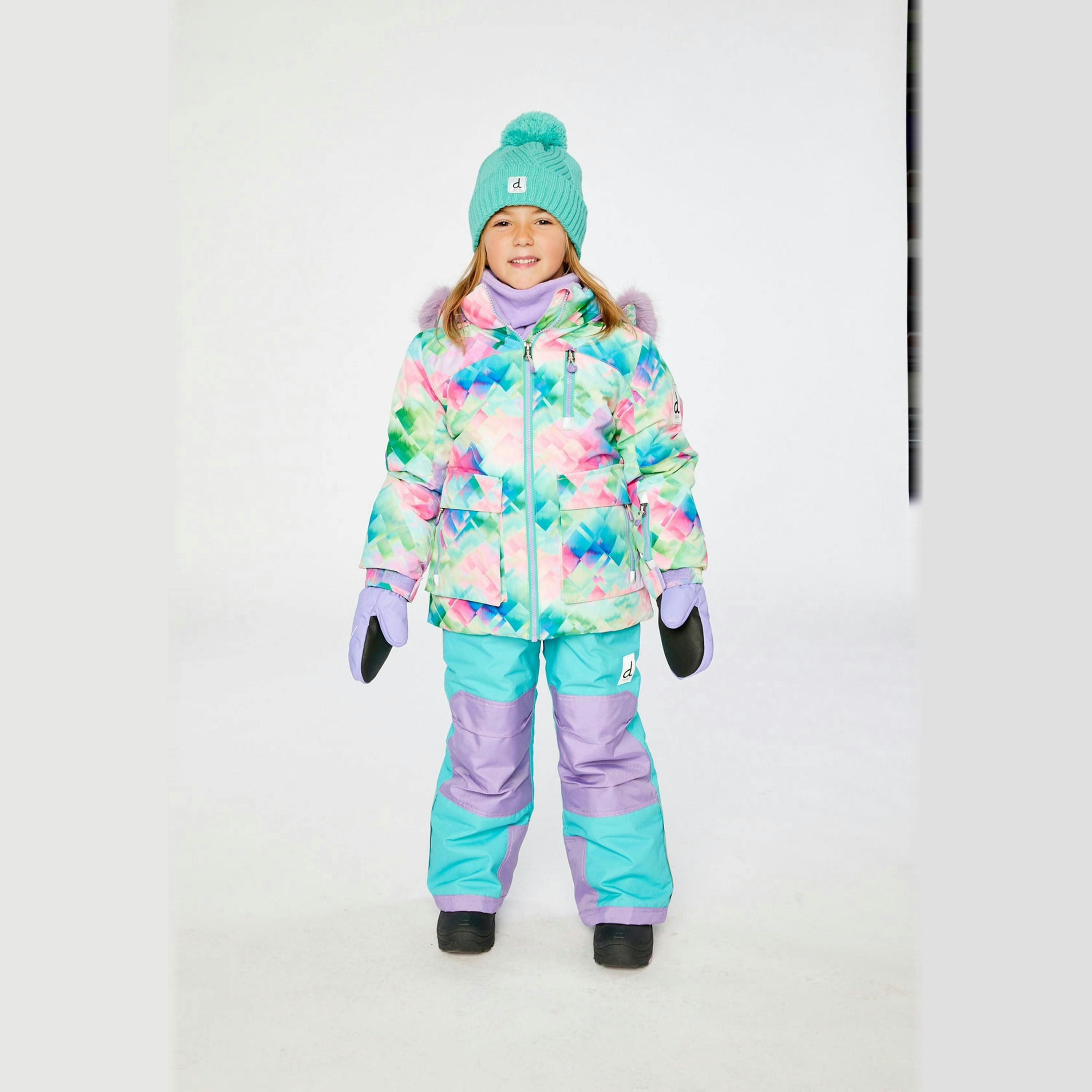 Two Piece Play Snowsuit Multicolored With A Diamond Pattern With Turquoise And Purple Pants , view 2 of 6