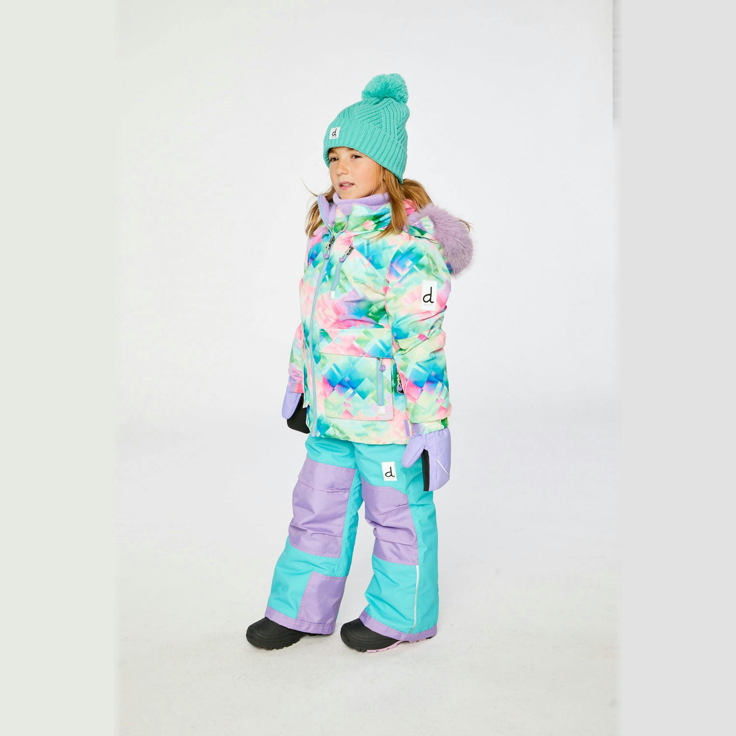 Two Piece Play Snowsuit Multicolored With A Diamond Pattern With Turquoise And Purple Pants , view 4 of 6