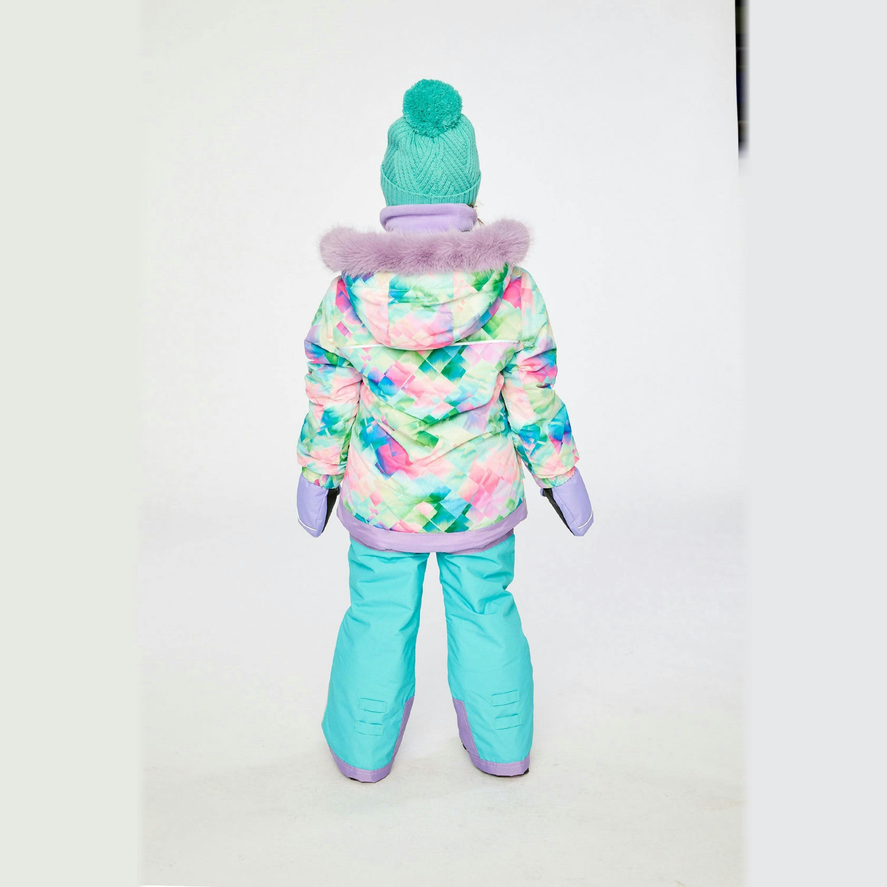 Two Piece Play Snowsuit Multicolored With A Diamond Pattern With Turquoise And Purple Pants , view 6 of 6