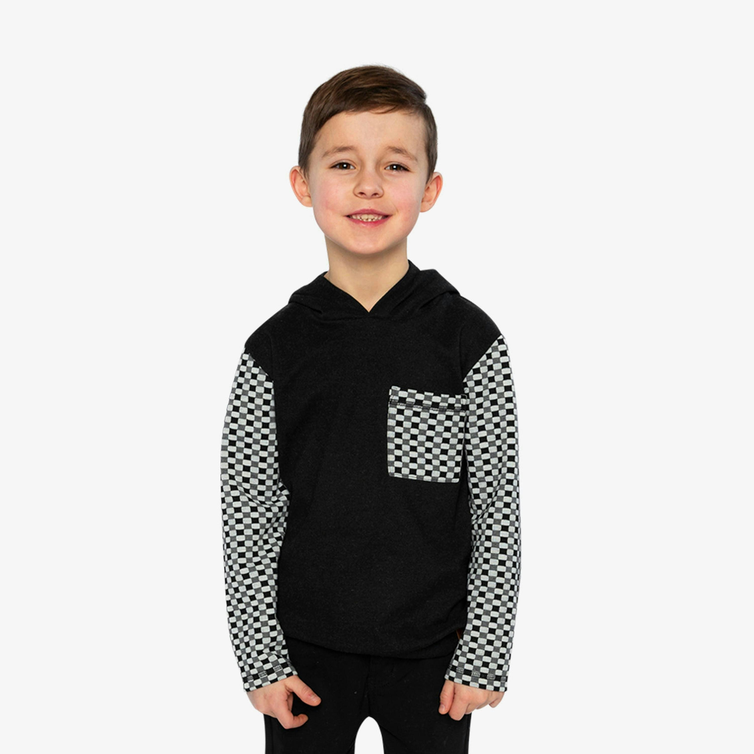 Colorblock Hooded Top With Chest Pocket Black And White , view 2 of 5