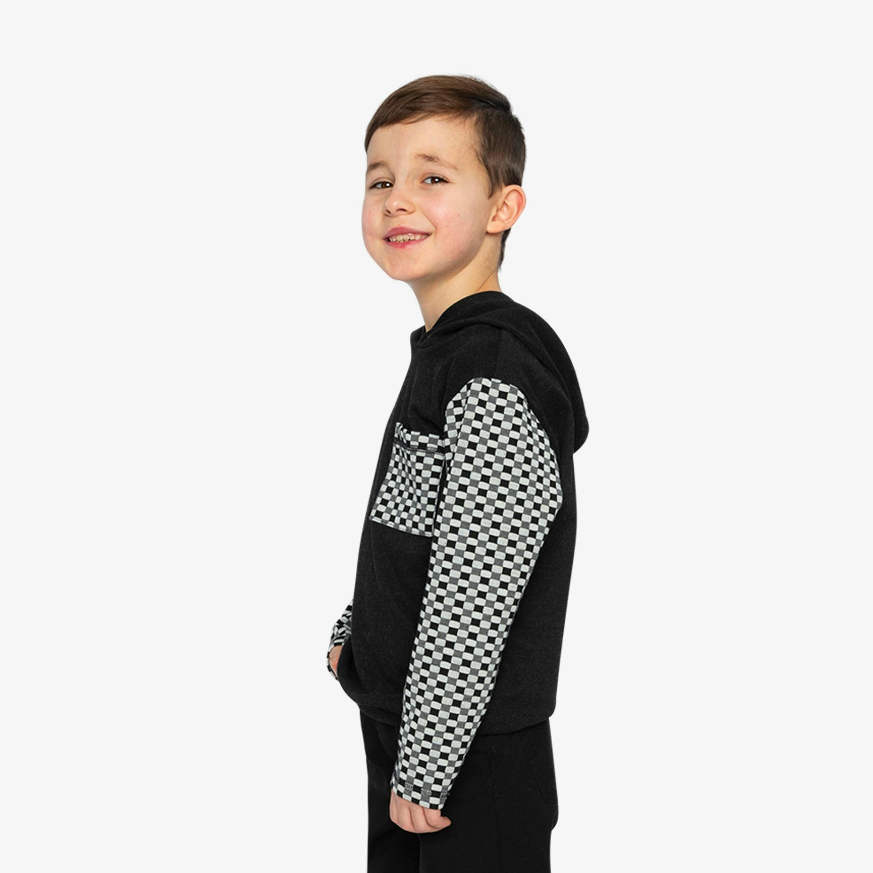 Colorblock Hooded Top With Chest Pocket Black And White , view 3 of 5