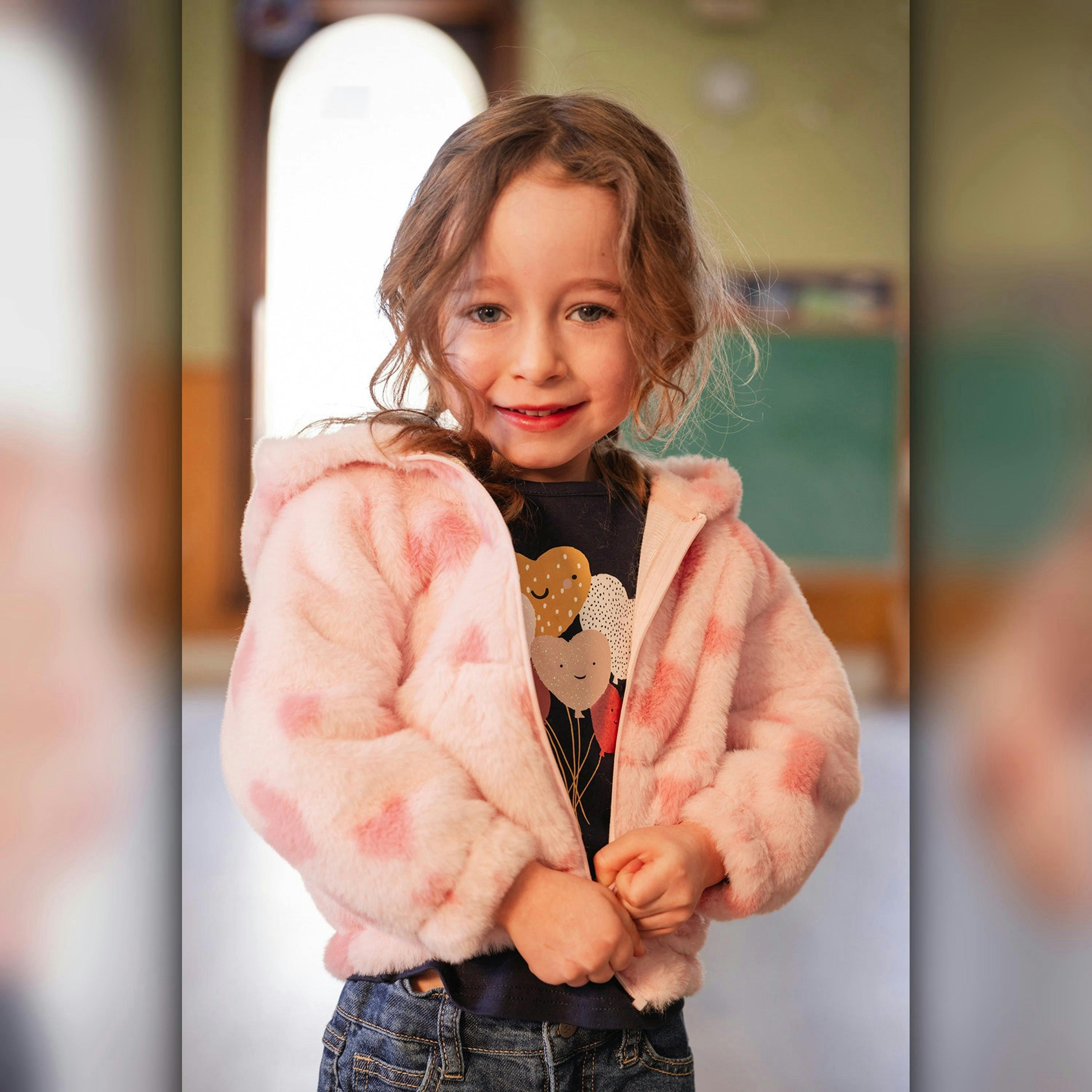 Hooded Full Zip Faux Fur Jacket Pink Printed With Hearts , view 3 of 6