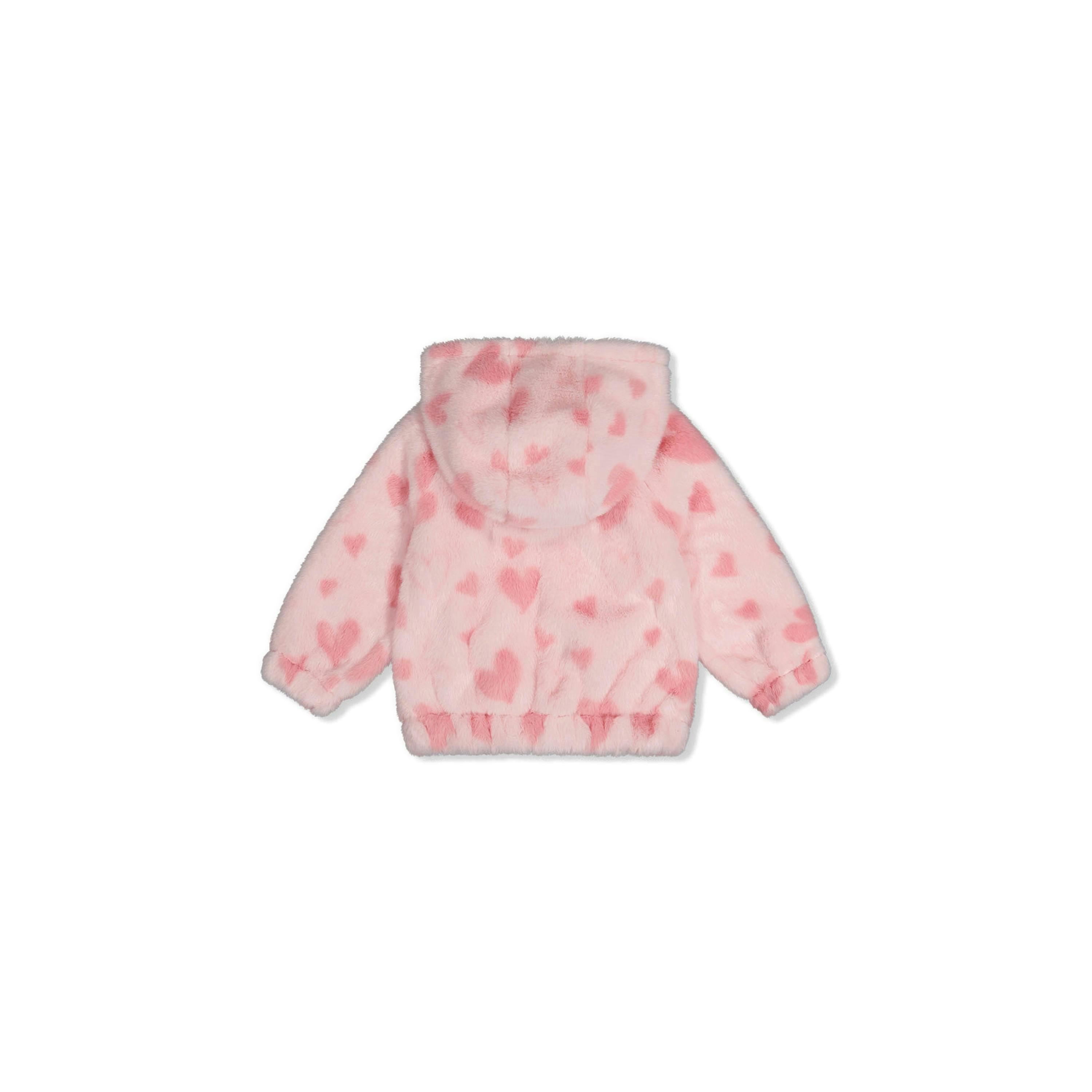 Hooded Full Zip Faux Fur Jacket Pink Printed With Hearts , view 4 of 6