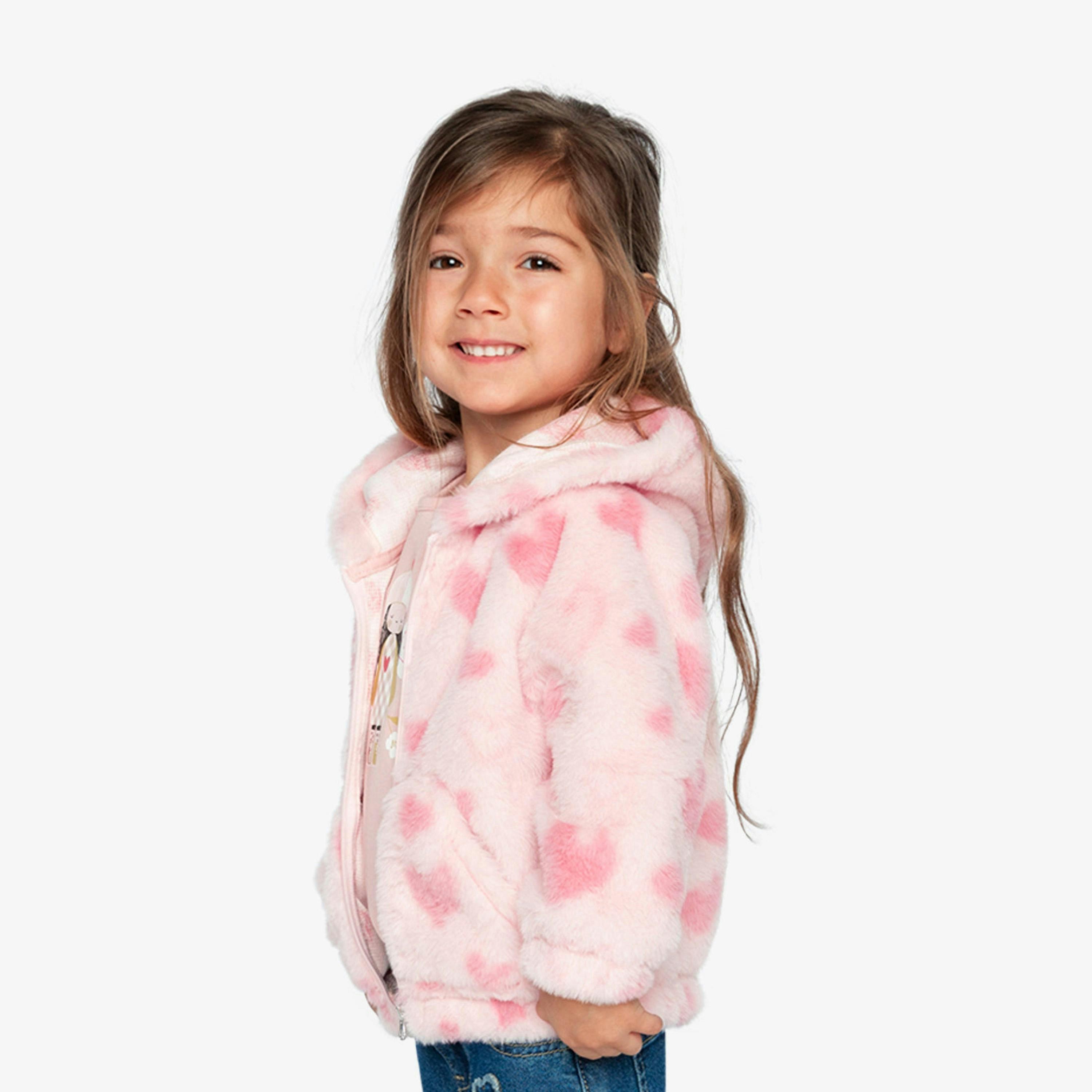 Hooded Full Zip Faux Fur Jacket Pink Printed With Hearts , view 5 of 6