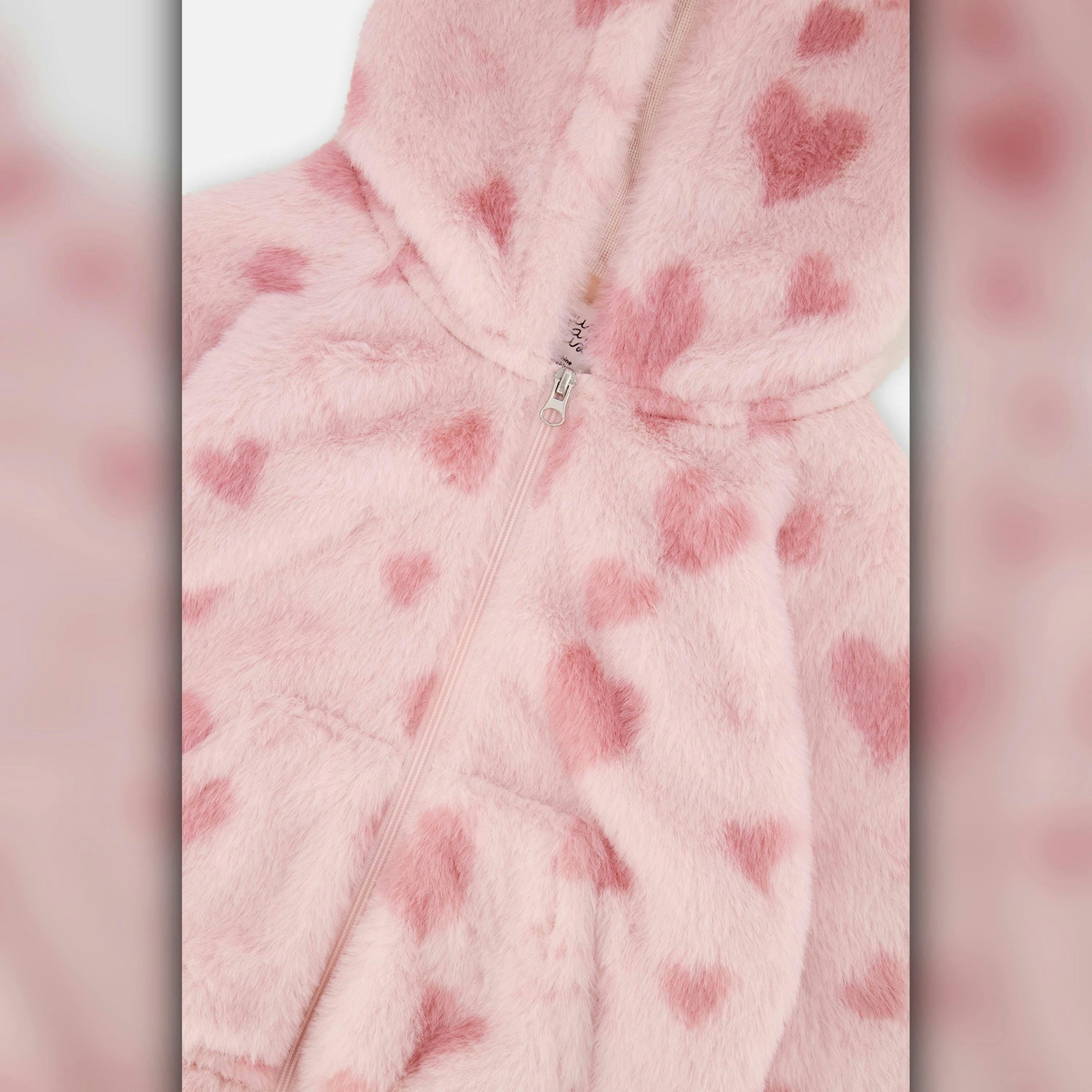 Hooded Full Zip Faux Fur Jacket Pink Printed With Hearts , view 6 of 6