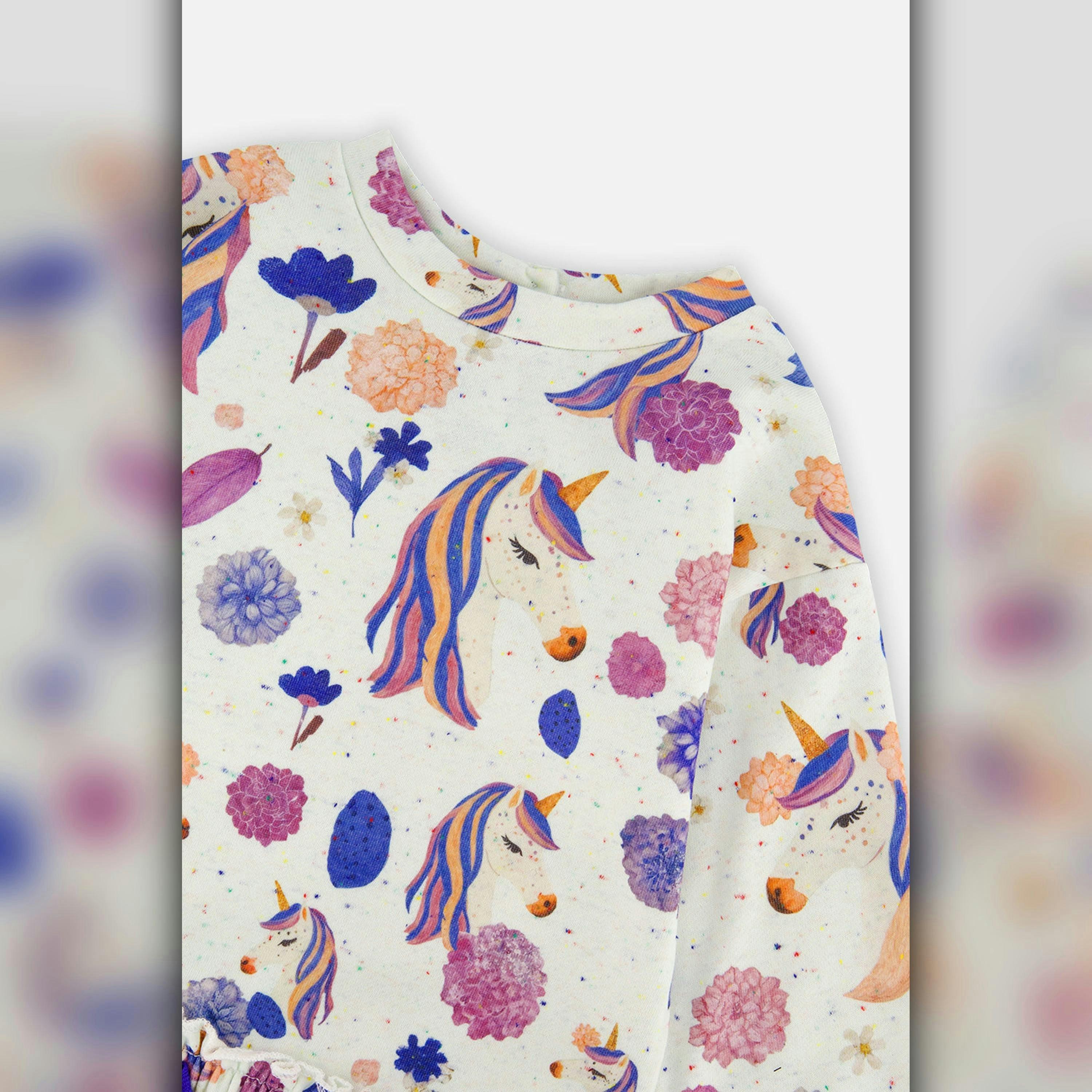 French Terry Dress Beige Unicorn Print , view 5 of 5