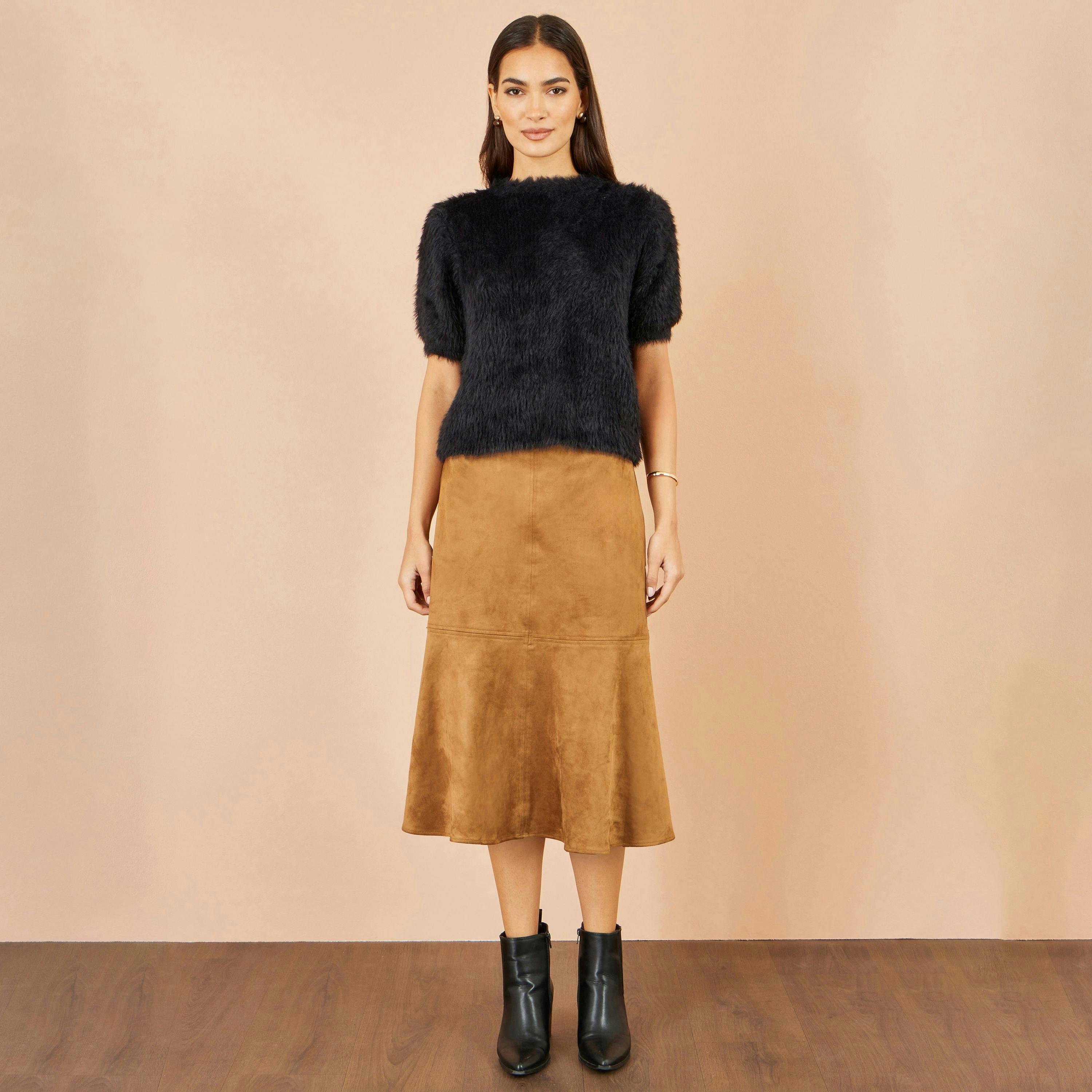 Brown Faux Suede Midi Skirt , view 2 of 5