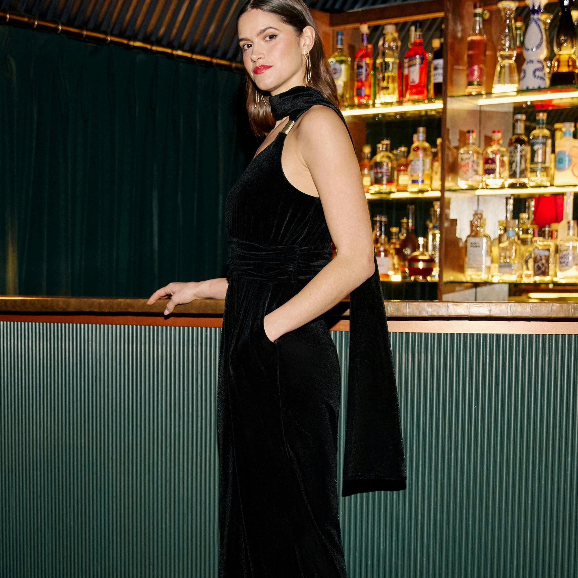 Yumi Black Velvet One Shoulder Jumpsuit With Scarf , view 5 of 6
