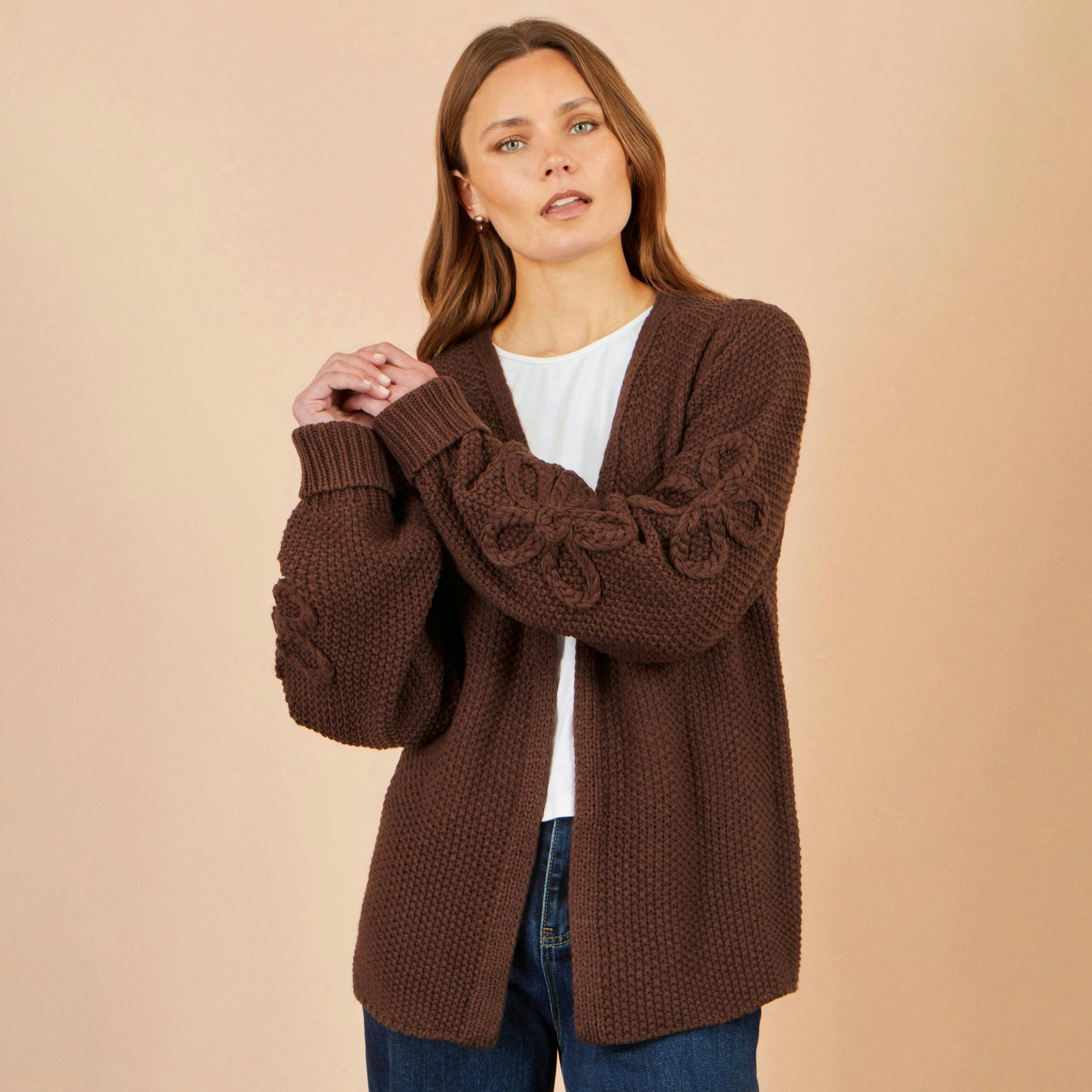 Yumi Brown Cardigan With Flower Detail Sleeves , view 2 of 5