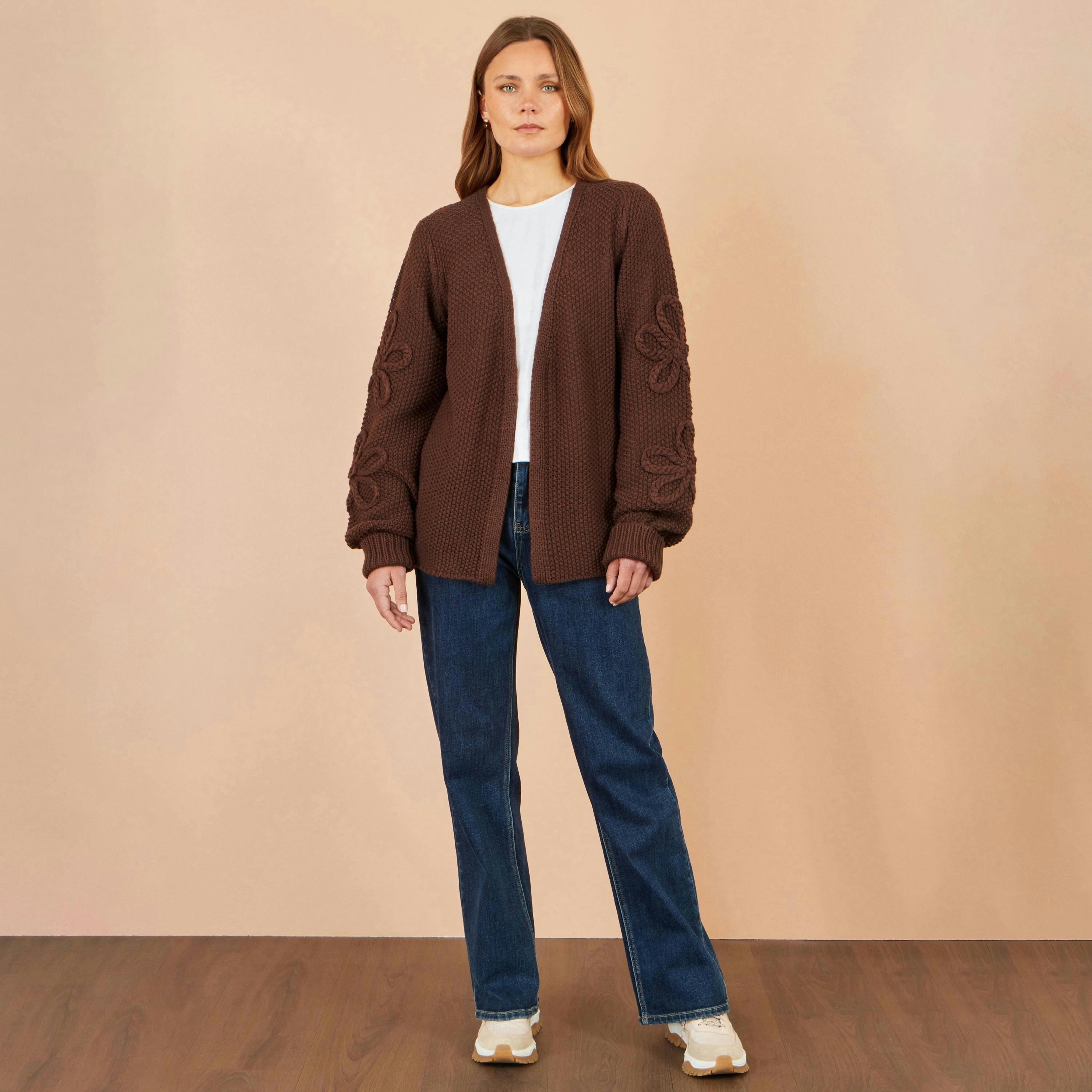 Yumi Brown Cardigan With Flower Detail Sleeves , view 3 of 5