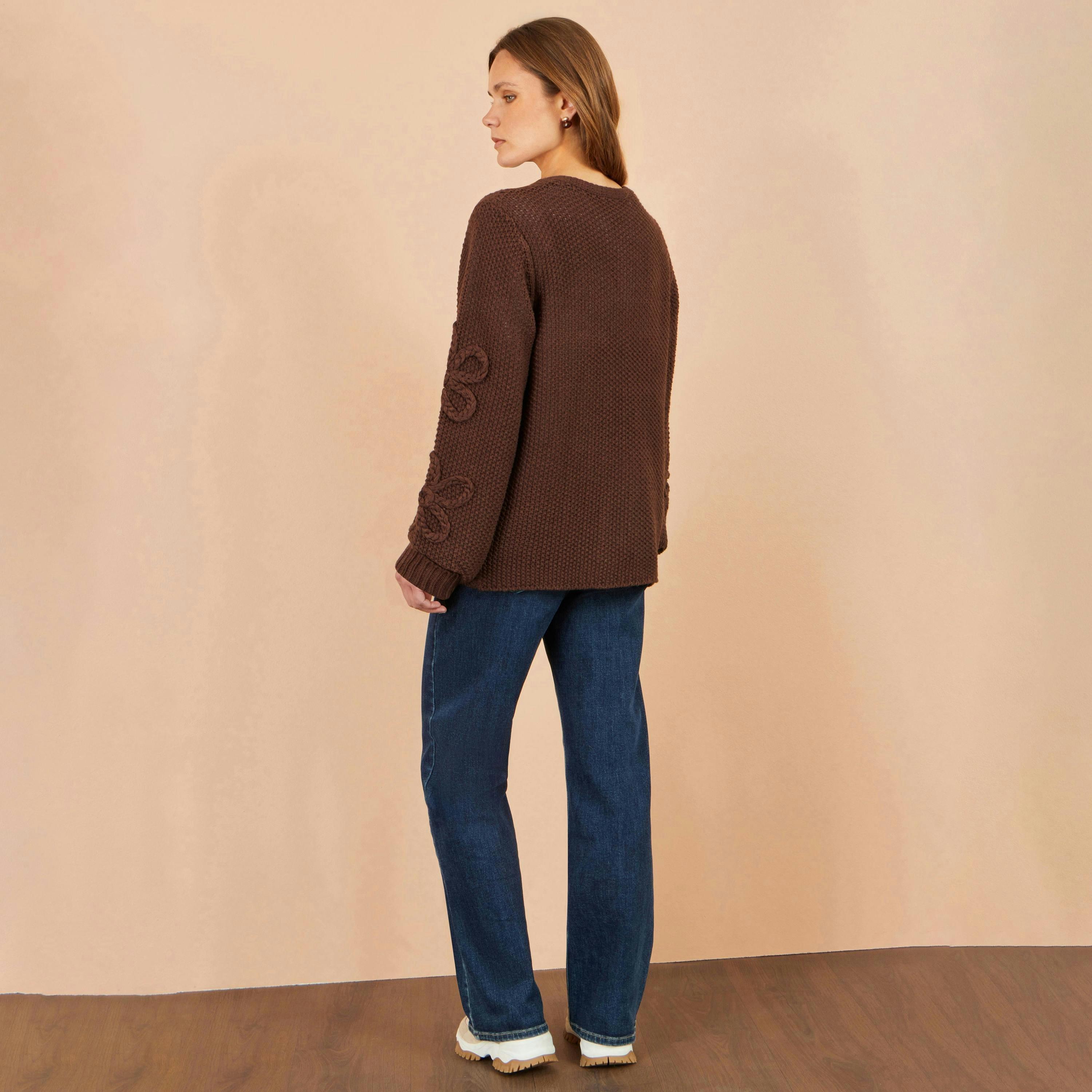 Yumi Brown Cardigan With Flower Detail Sleeves , view 4 of 5