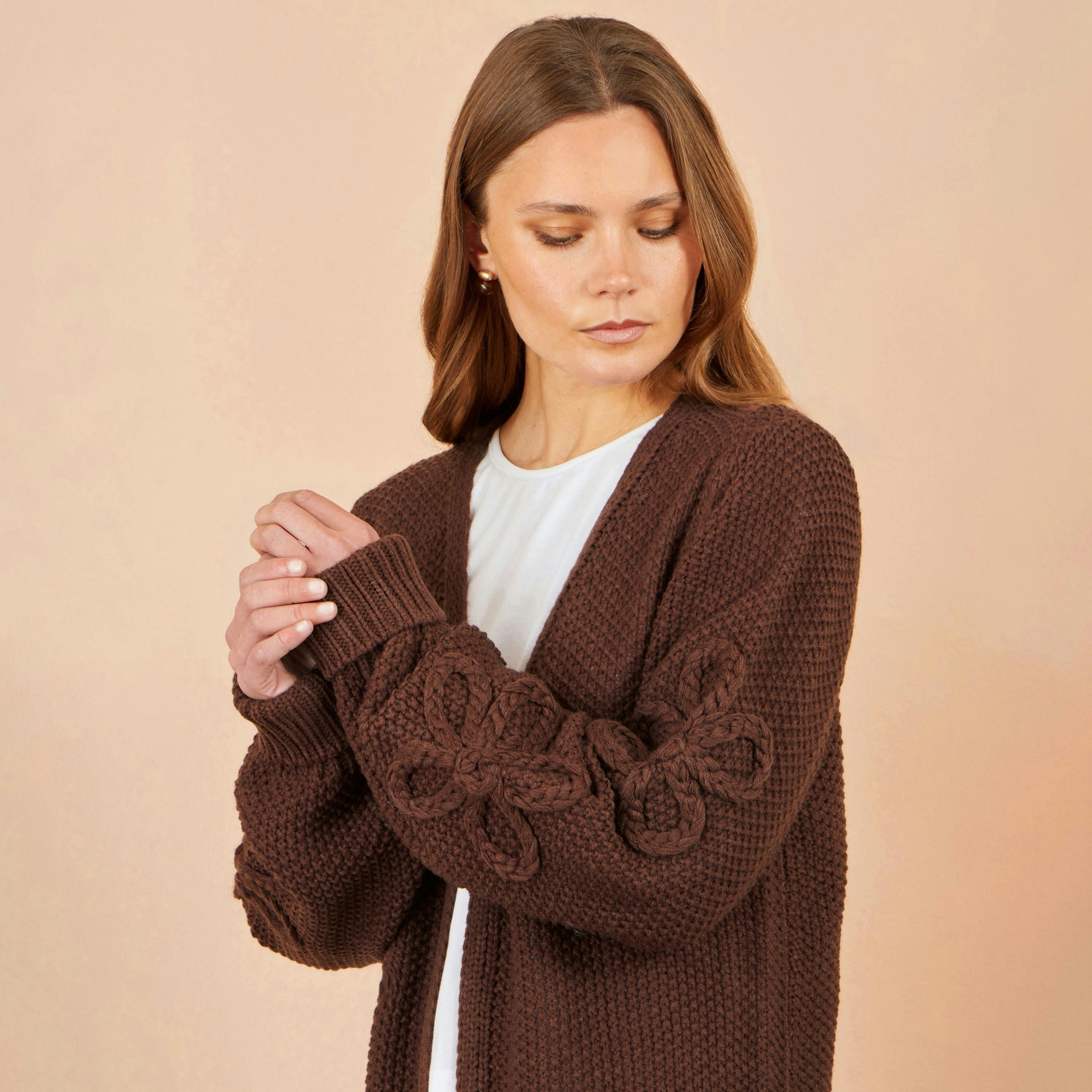 Yumi Brown Cardigan With Flower Detail Sleeves , view 5 of 5