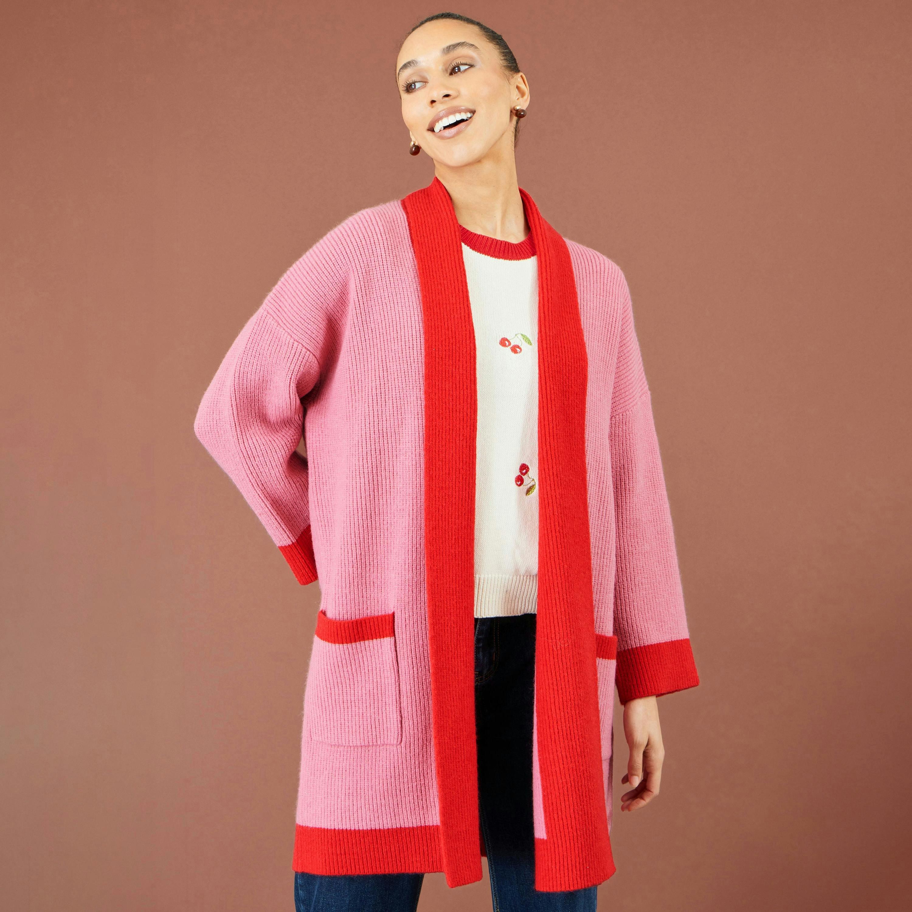 Yumi Pink Contrast Knitted Cardigan , view 3 of 6