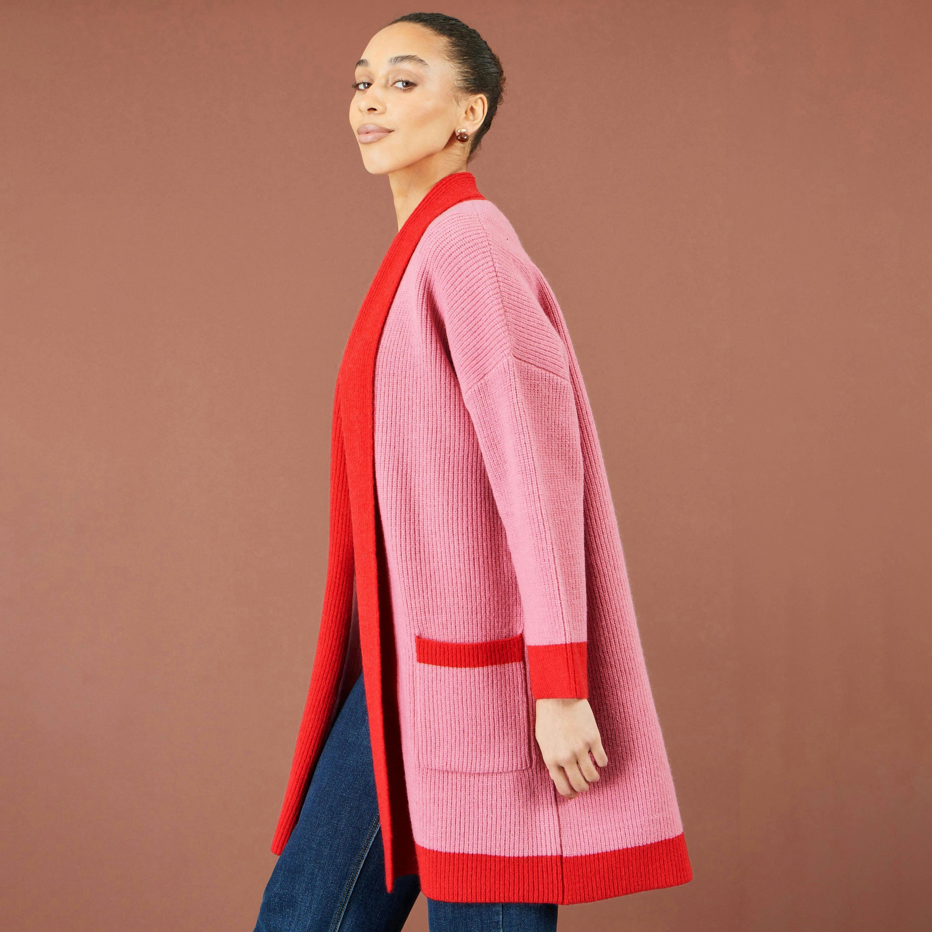 Yumi Pink Contrast Knitted Cardigan , view 4 of 6