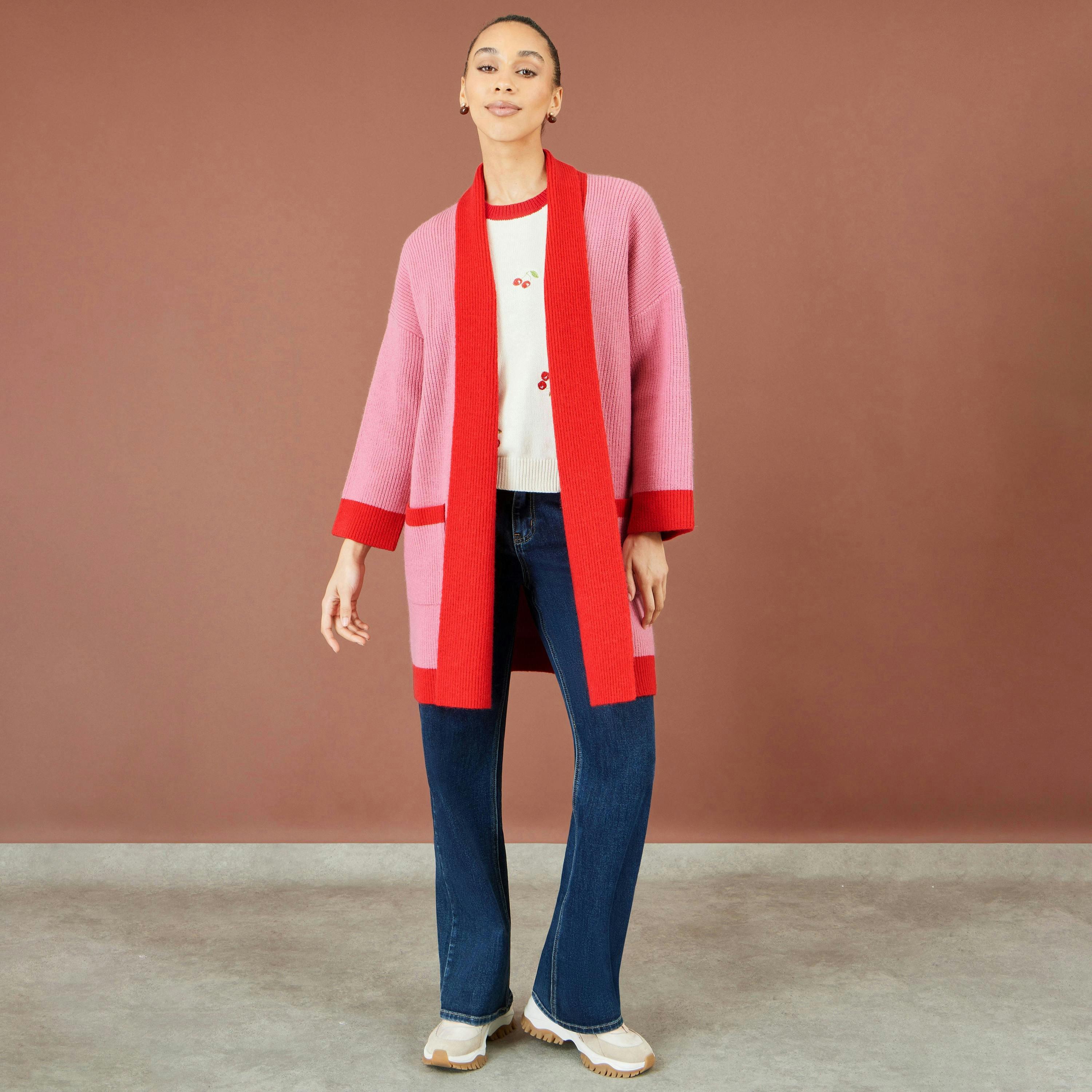 Yumi Pink Contrast Knitted Cardigan , view 5 of 6