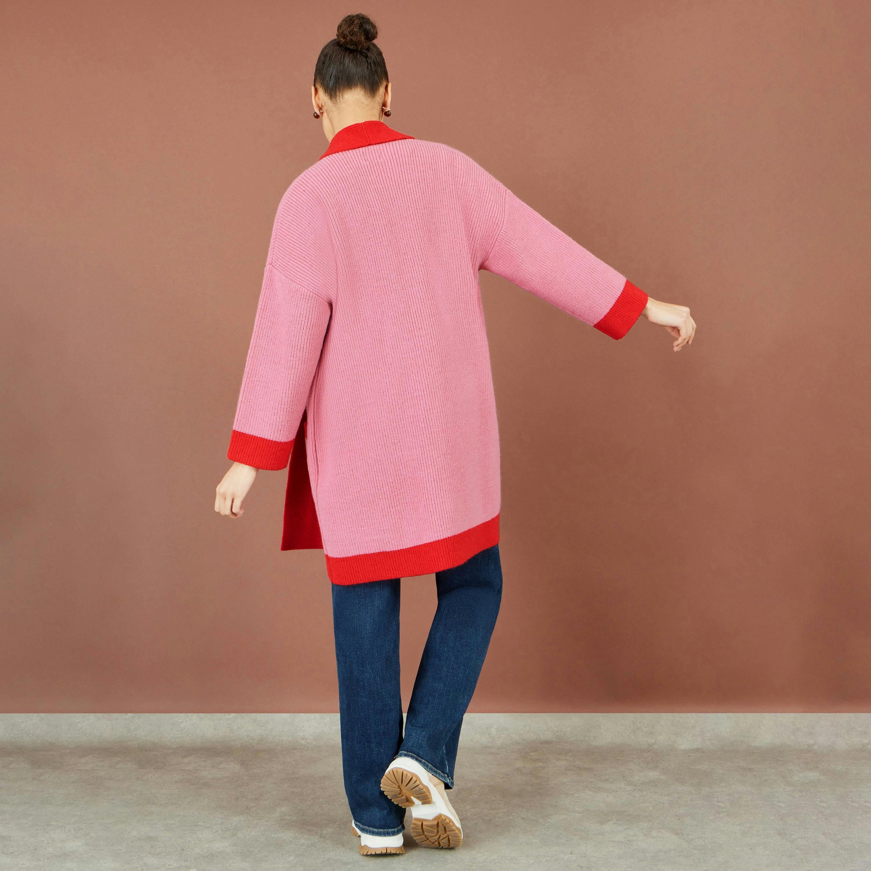 Yumi Pink Contrast Knitted Cardigan , view 6 of 6