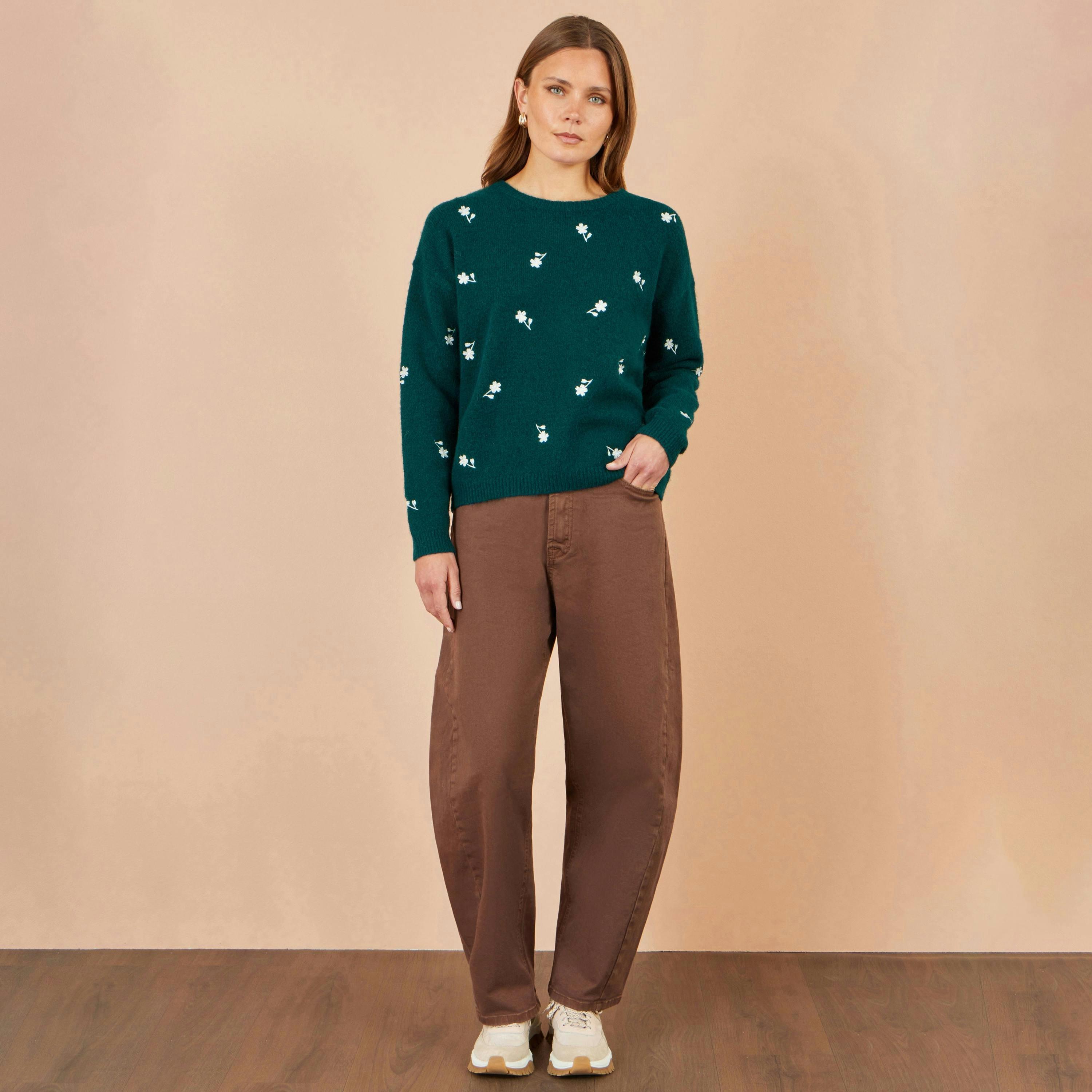 Yumi Green Daisy Embroidered Relaxed Jumper , view 2 of 5