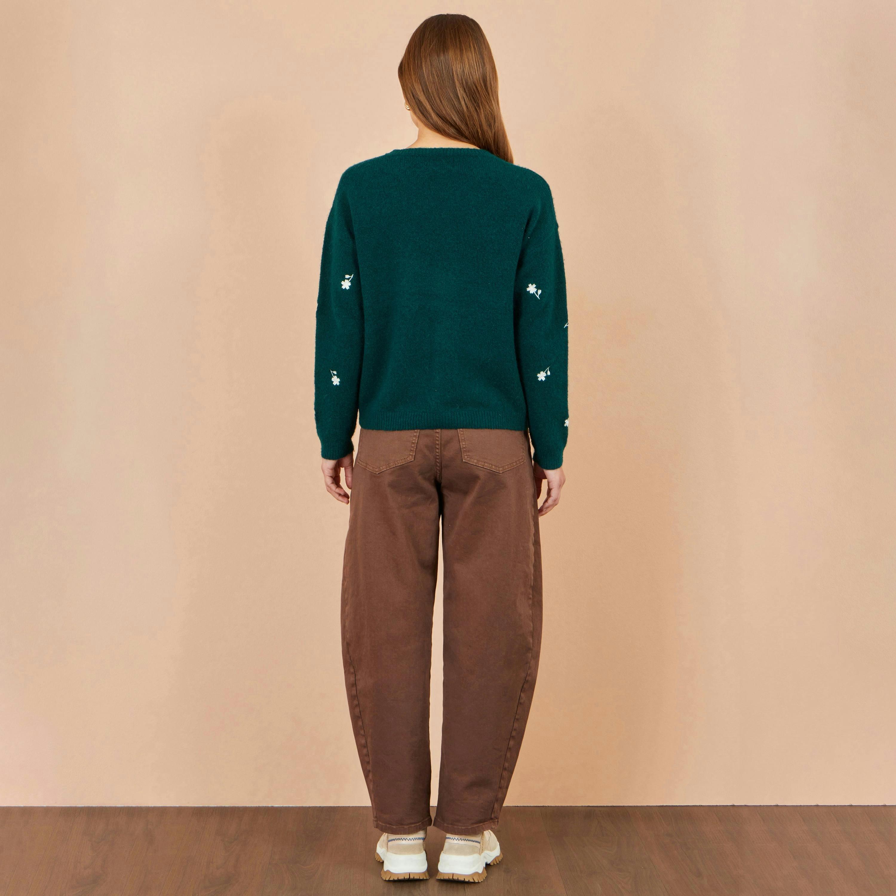 Yumi Green Daisy Embroidered Relaxed Jumper , view 3 of 5