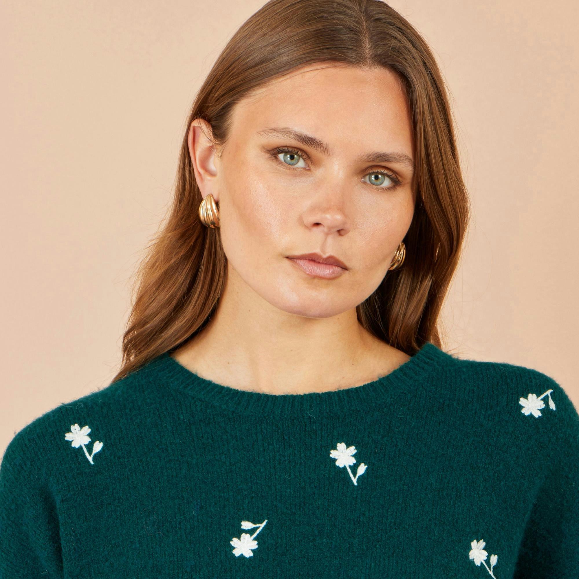 Yumi Green Daisy Embroidered Relaxed Jumper , view 4 of 5