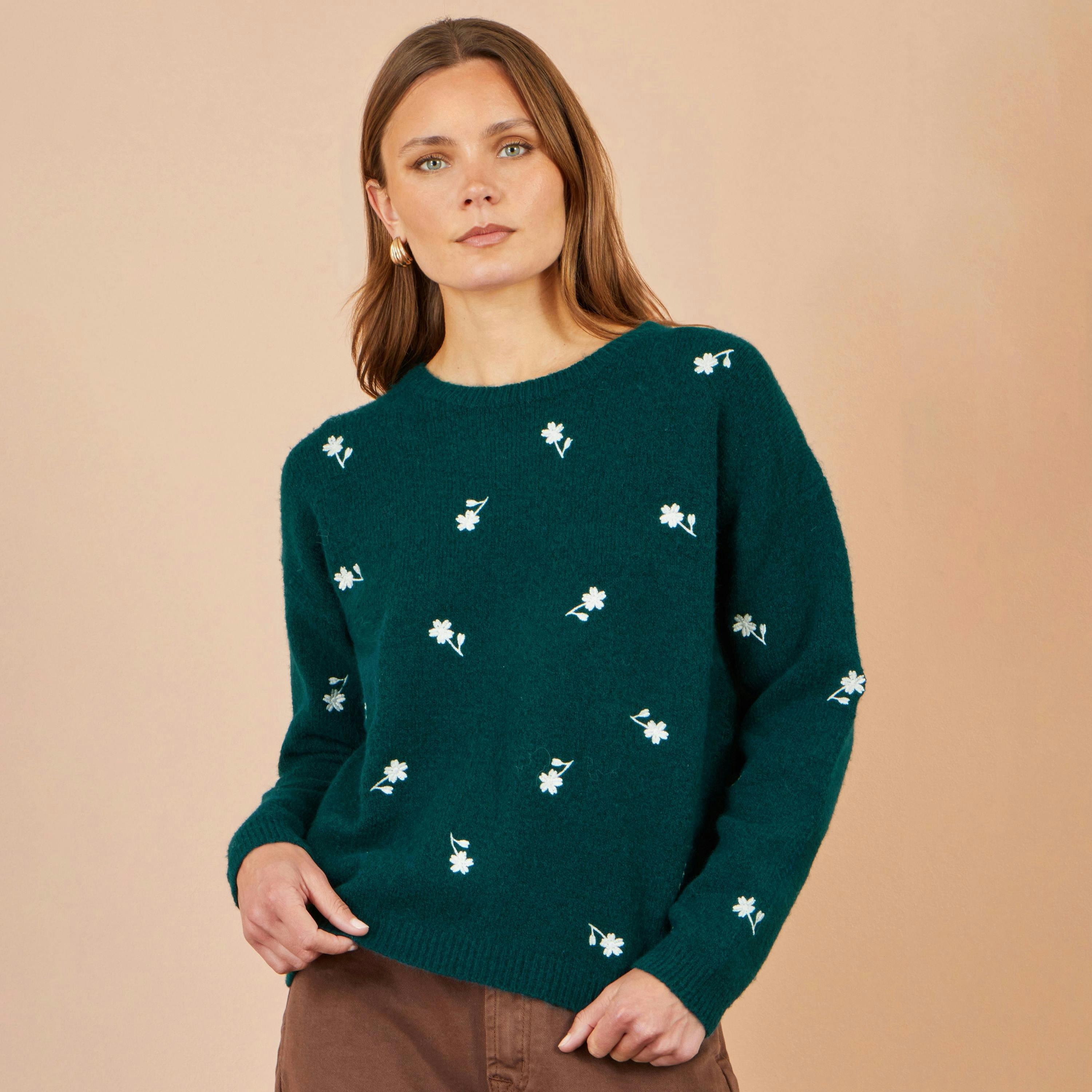 Yumi Green Daisy Embroidered Relaxed Jumper , view 5 of 5