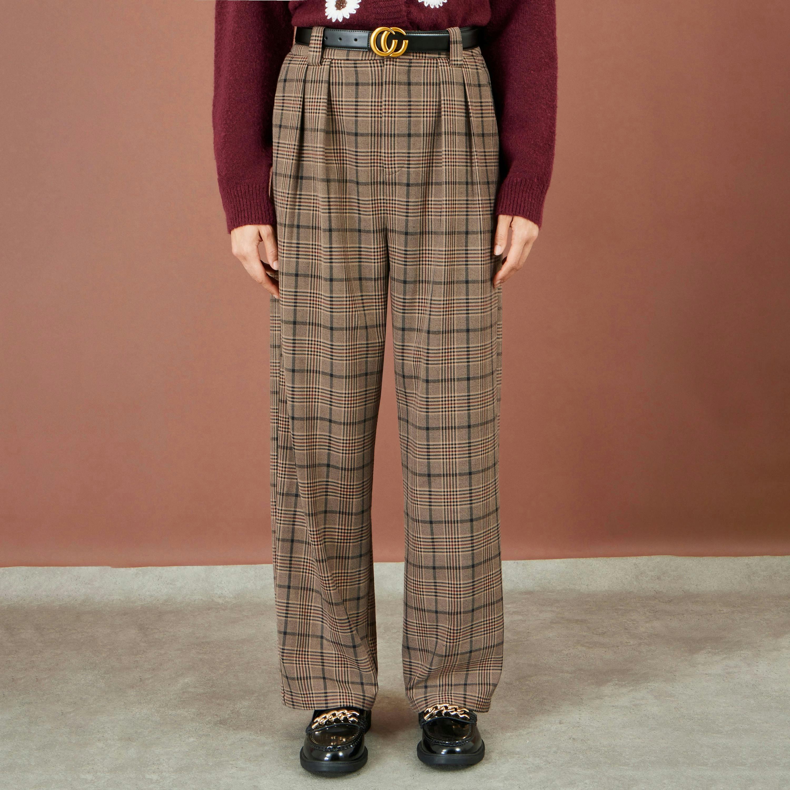 Yumi Brown Check Wide Leg Trousers , view 3 of 3