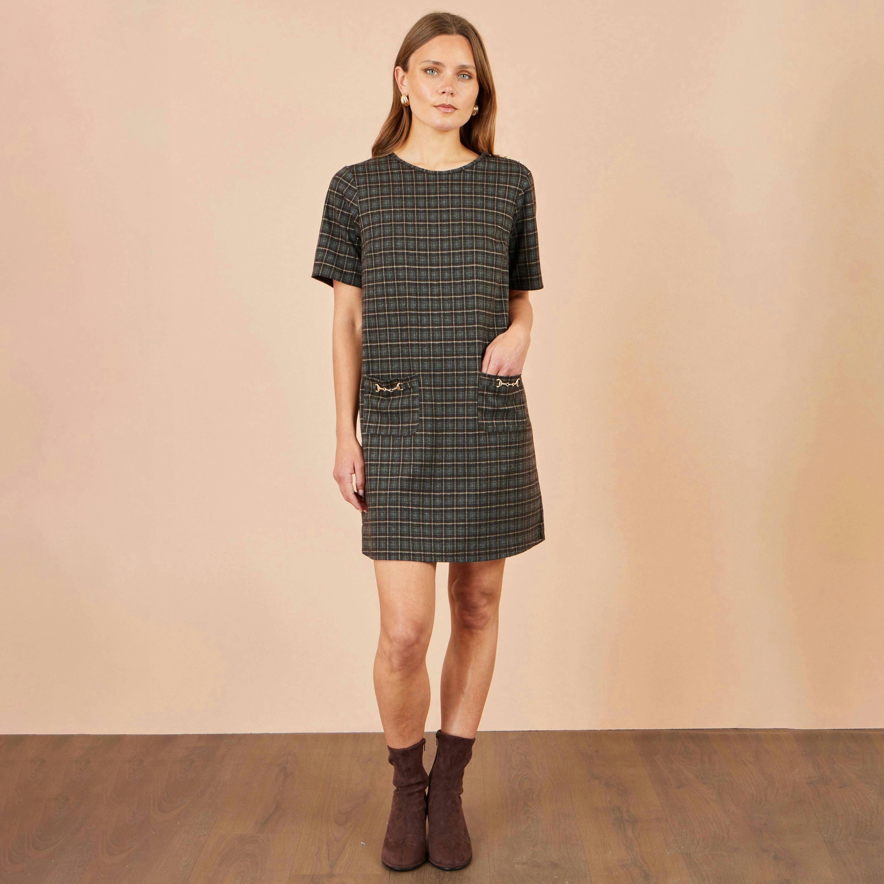 Yumi Brown Check Tunic With Buckles , view 2 of 5