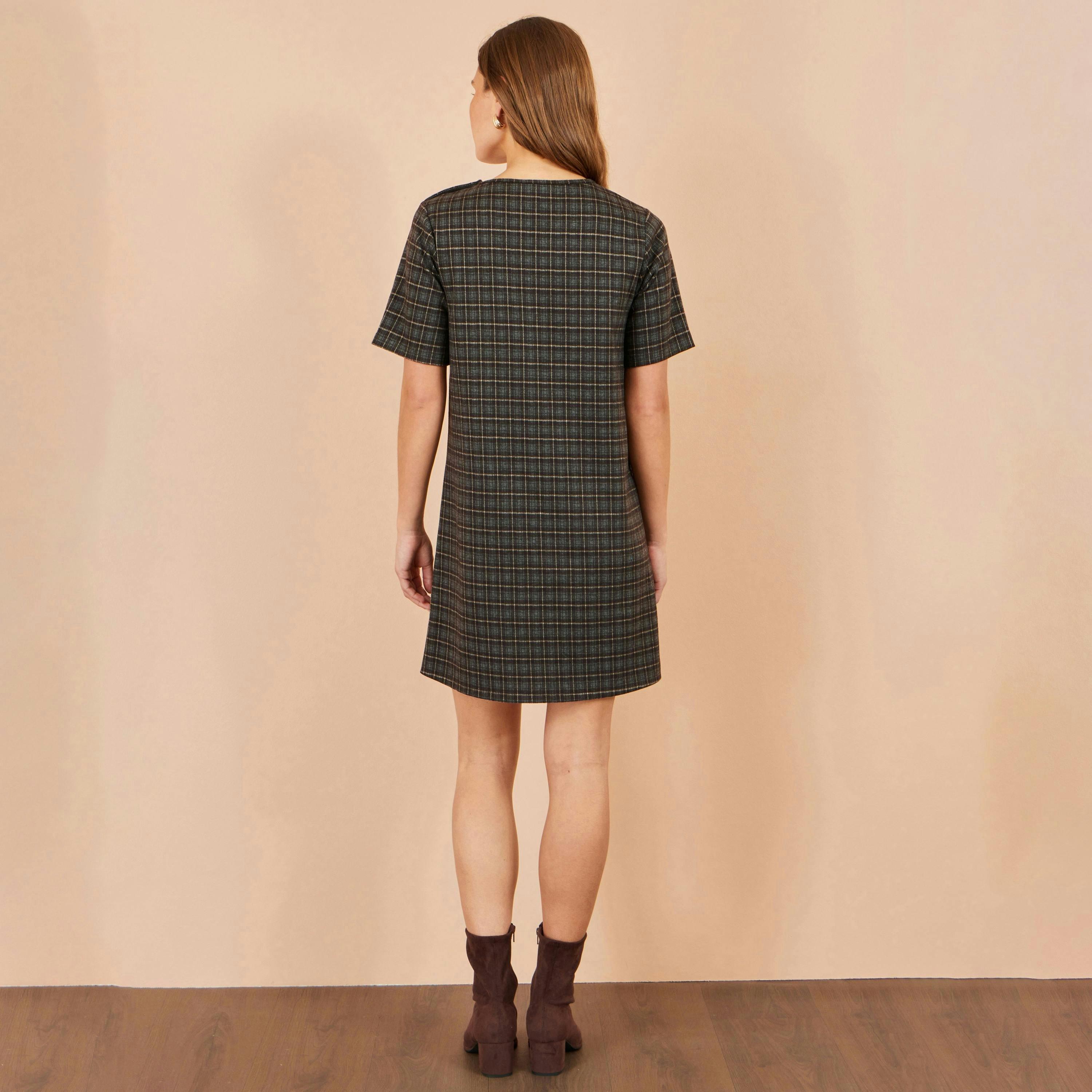 Yumi Brown Check Tunic With Buckles , view 3 of 5