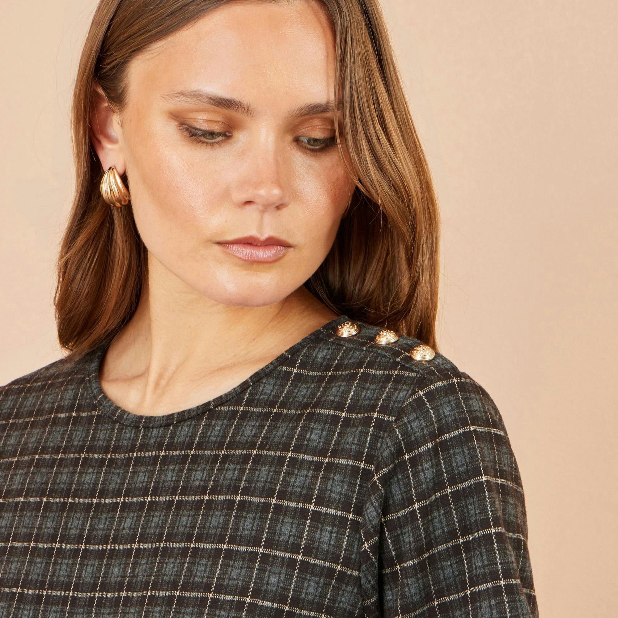 Yumi Brown Check Tunic With Buckles , view 4 of 5