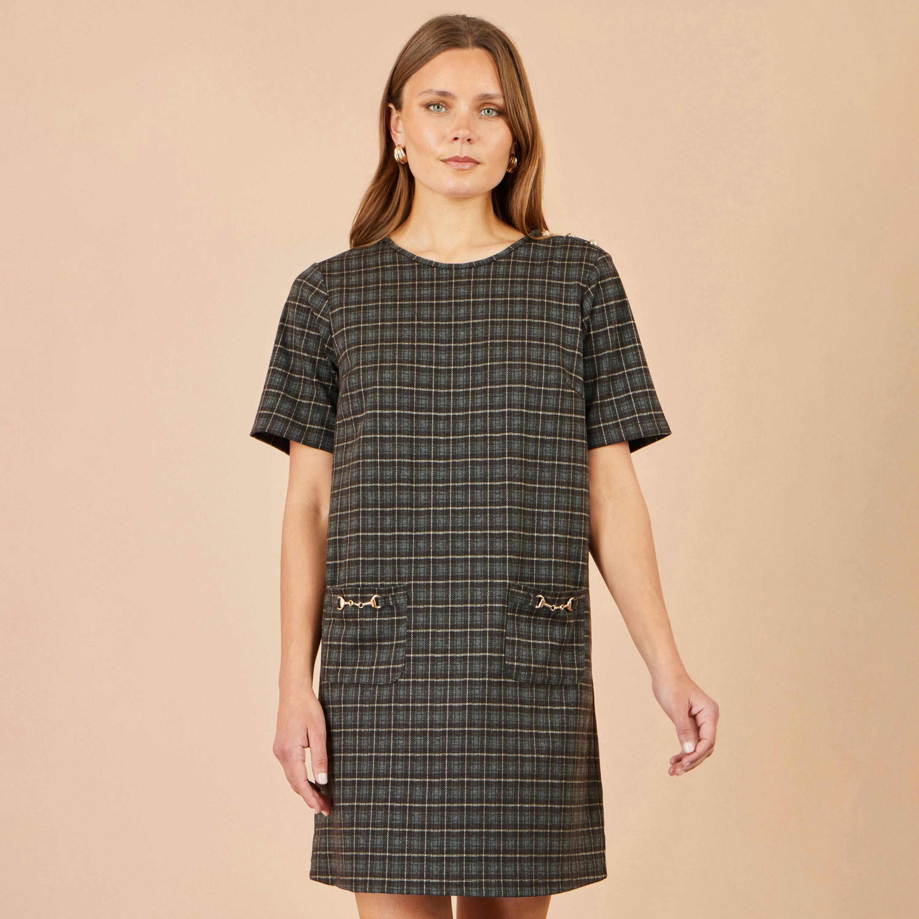 Yumi Brown Check Tunic With Buckles , view 5 of 5