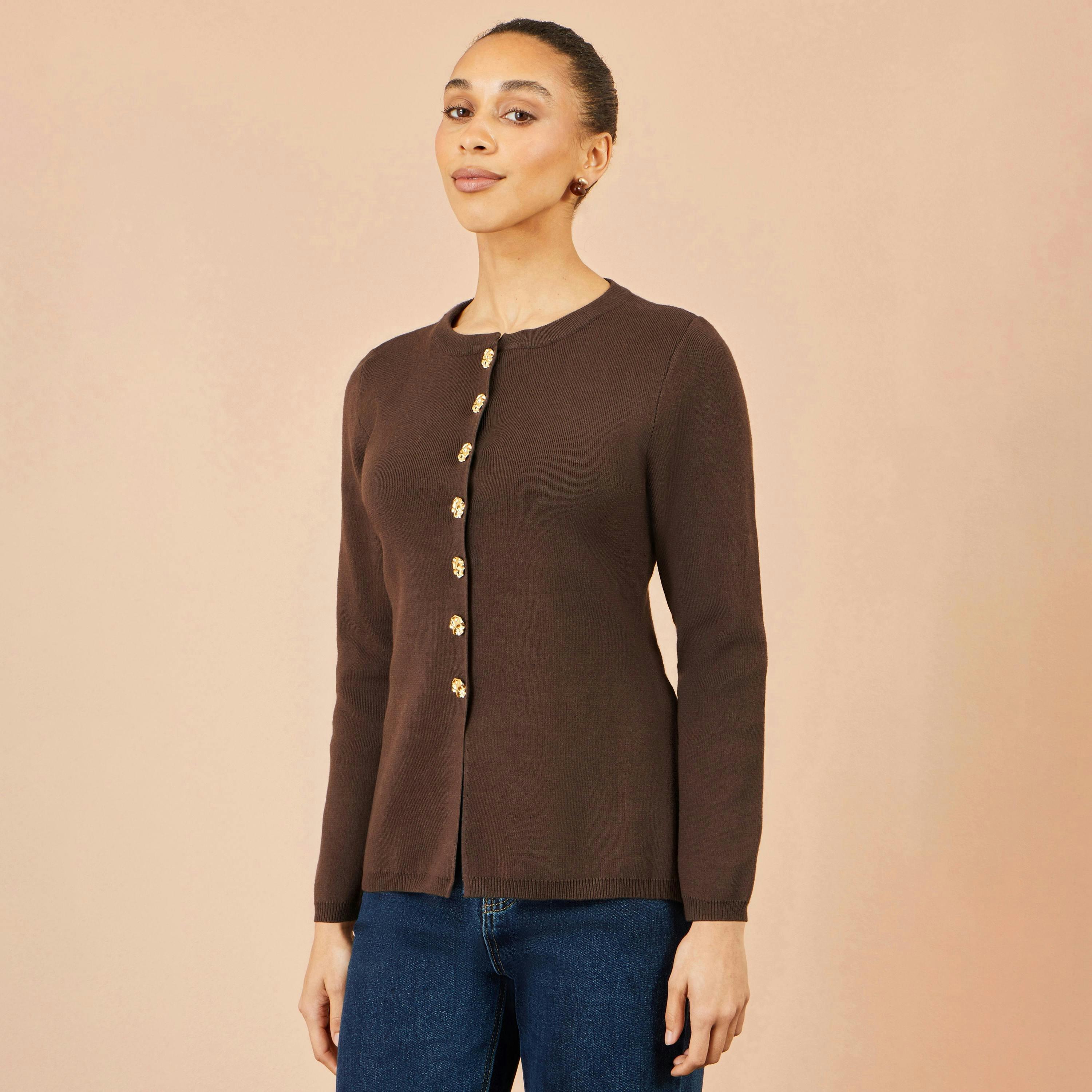 Yumi Brown Knitted Fitted Peplum Cardigan , view 2 of 5