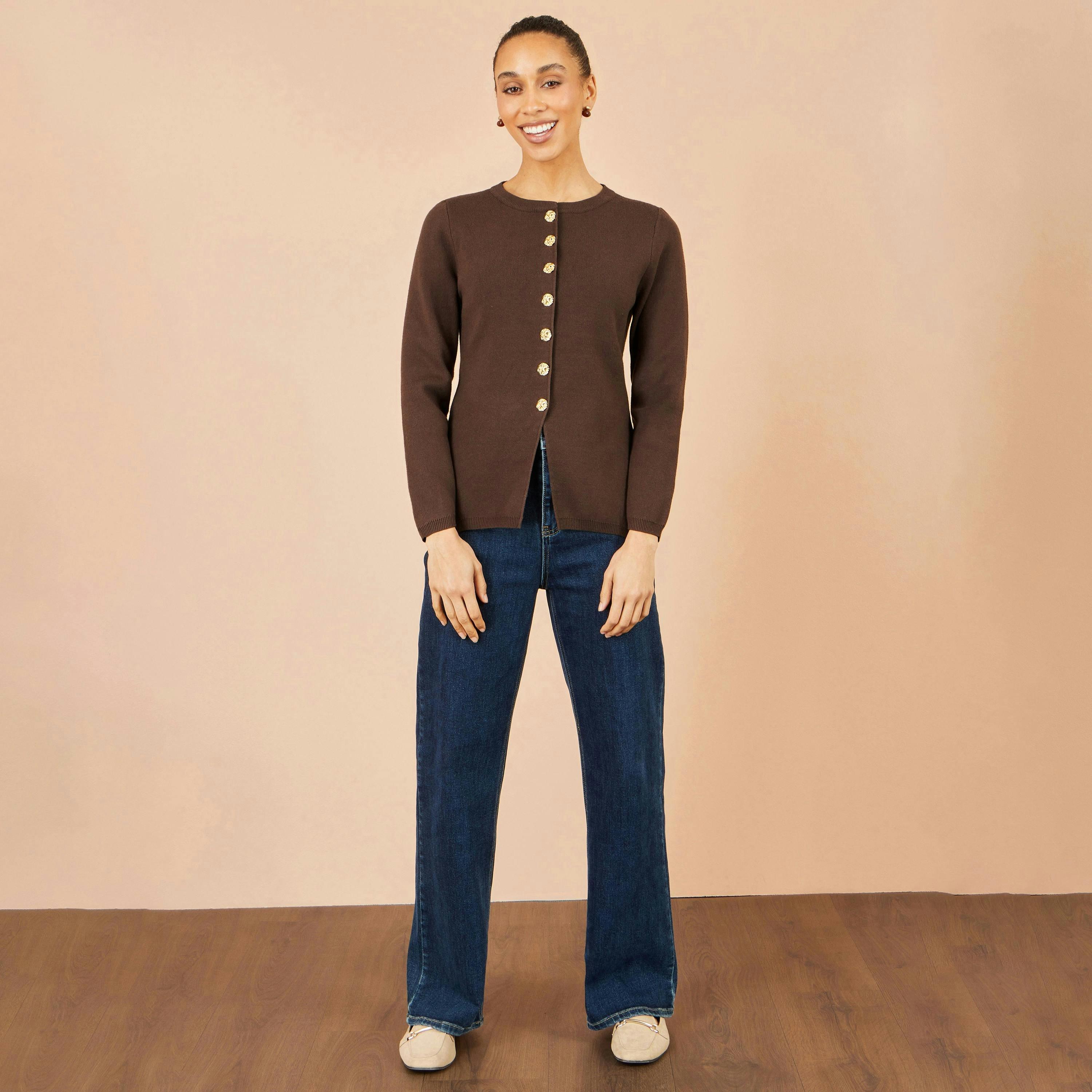 Yumi Brown Knitted Fitted Peplum Cardigan , view 3 of 5