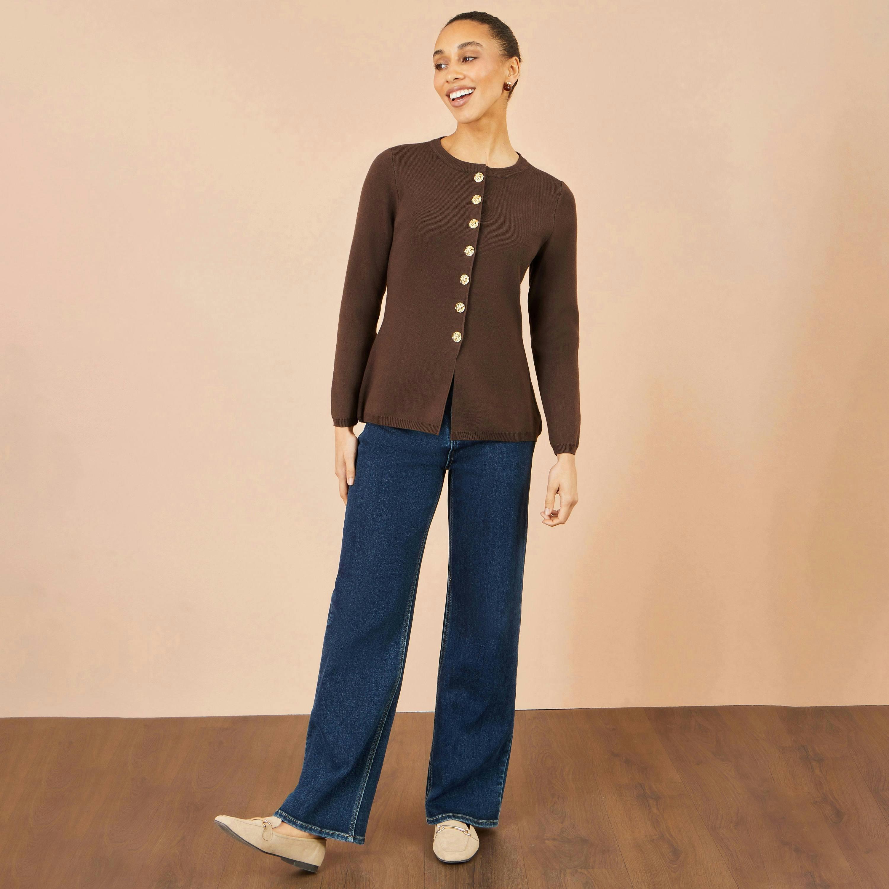 Yumi Brown Knitted Fitted Peplum Cardigan , view 4 of 5