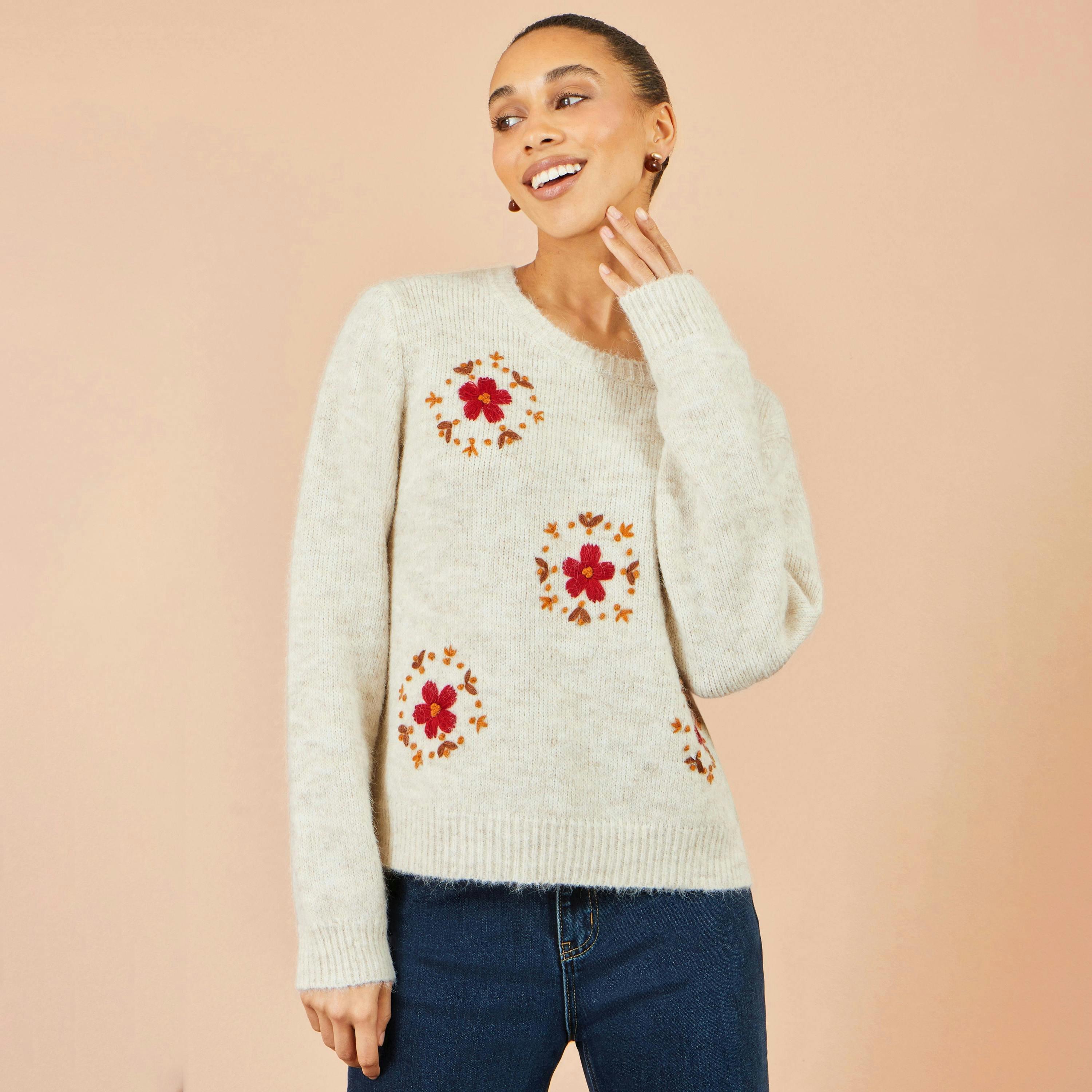 Yumi Ivory Patch Floral Embroidered Relaxed Jumper , view 2 of 5