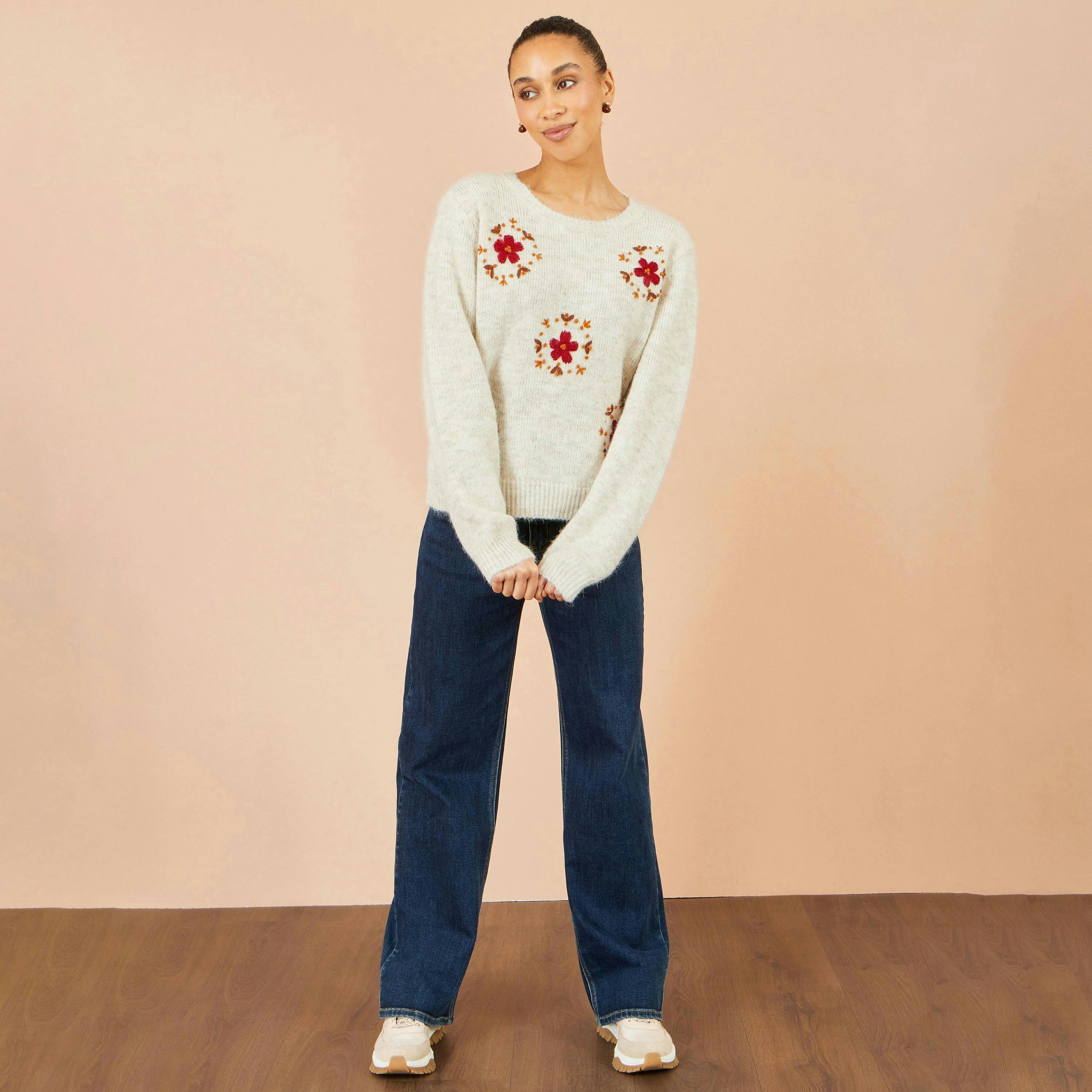 Yumi Ivory Patch Floral Embroidered Relaxed Jumper , view 3 of 5