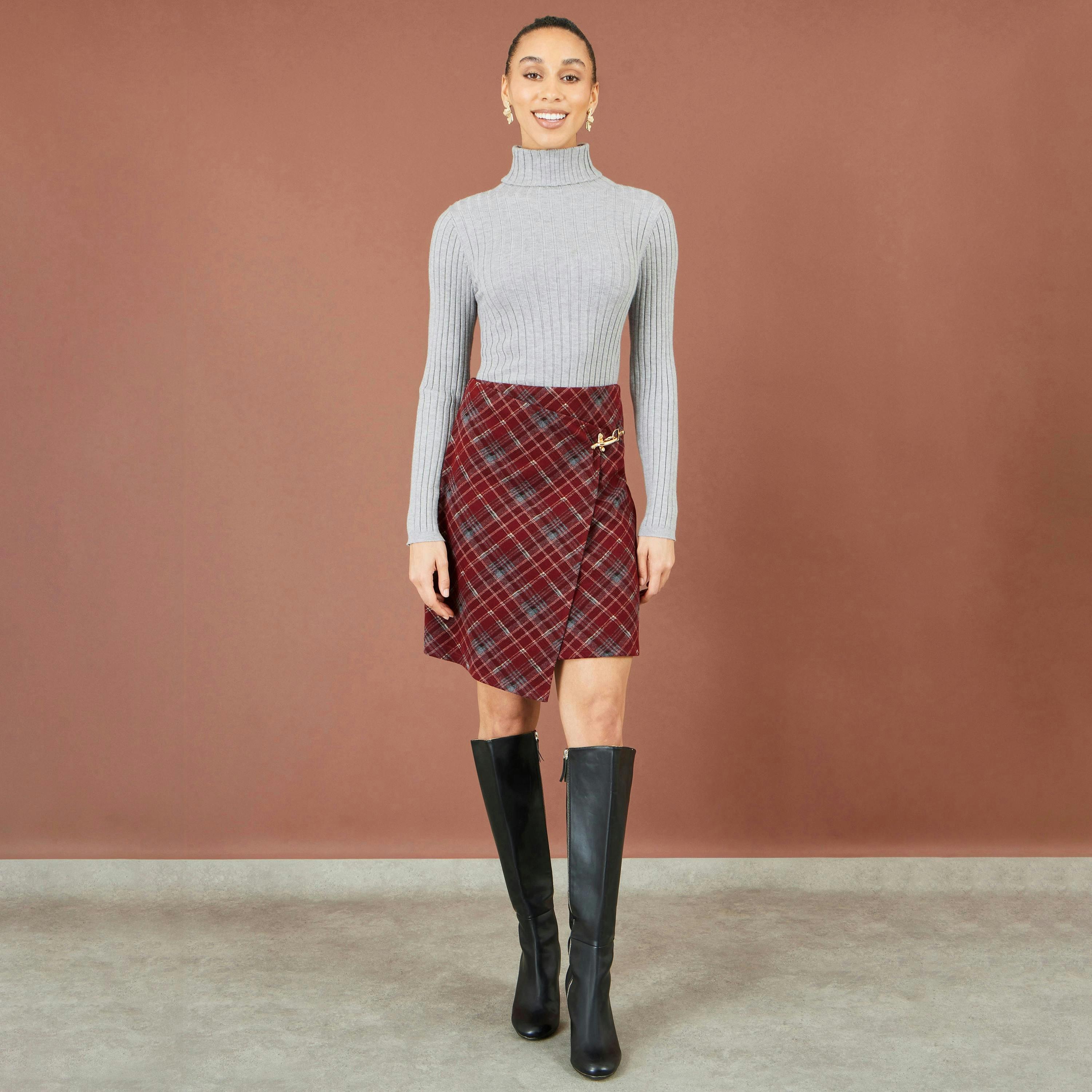 Yumi Burgundy Check Wrap Mini Skirt , view 2 of 3