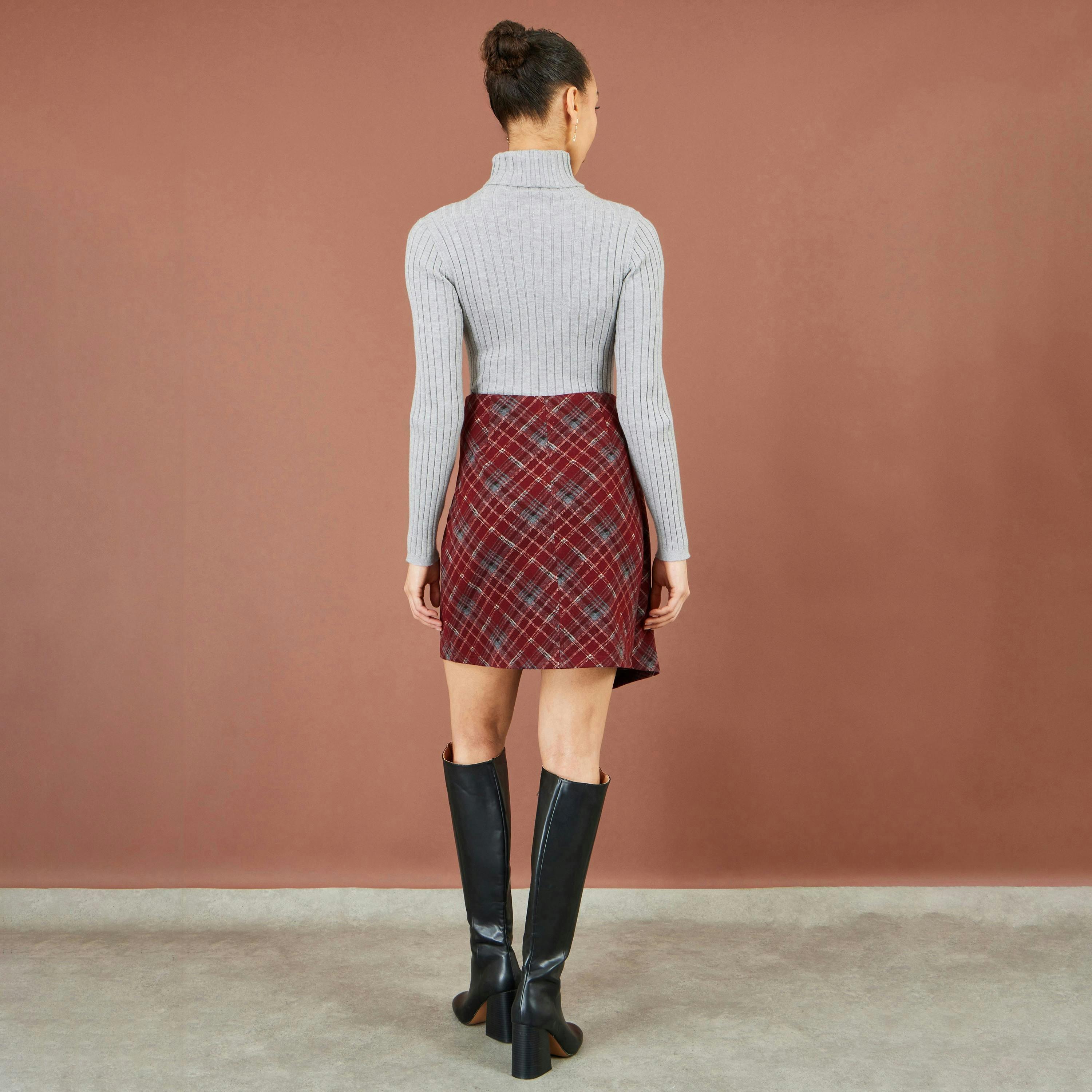 Yumi Burgundy Check Wrap Mini Skirt , view 3 of 3