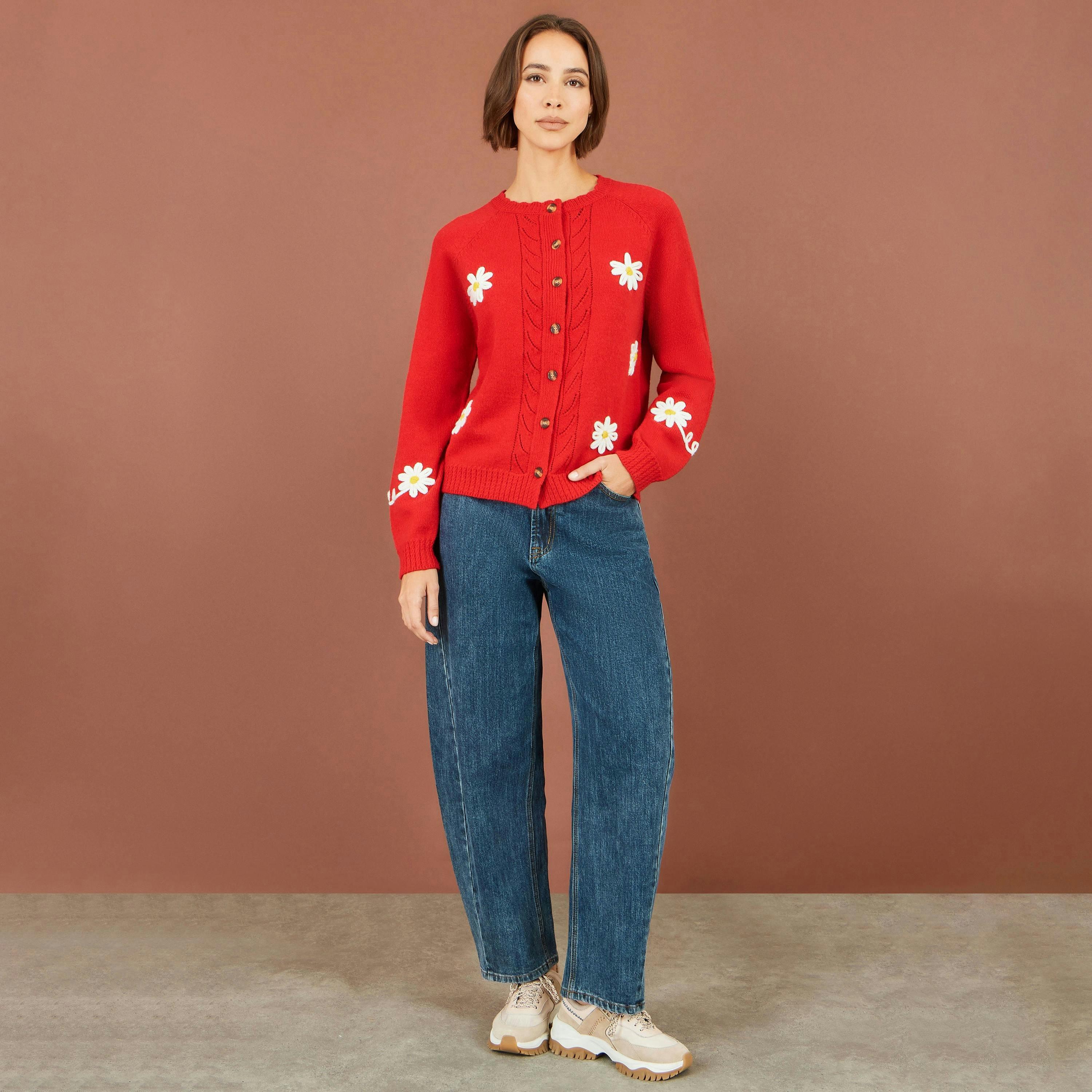 Yumi Red Daisy Stitch Cardigan , view 2 of 5