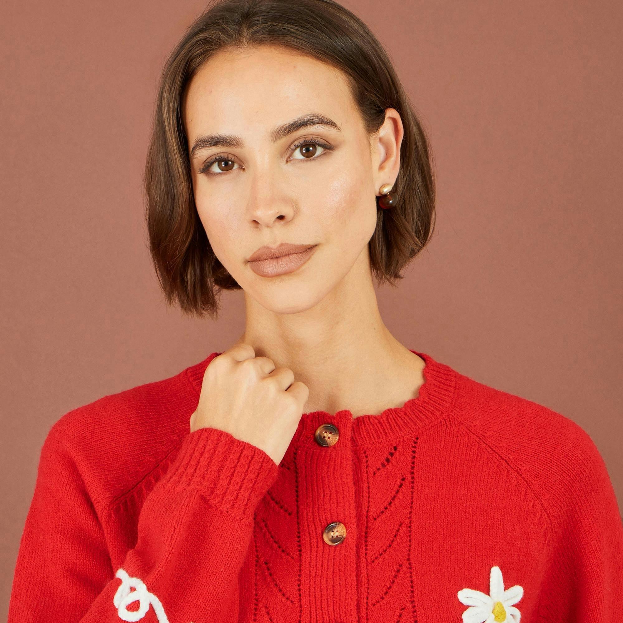 Yumi Red Daisy Stitch Cardigan , view 4 of 5