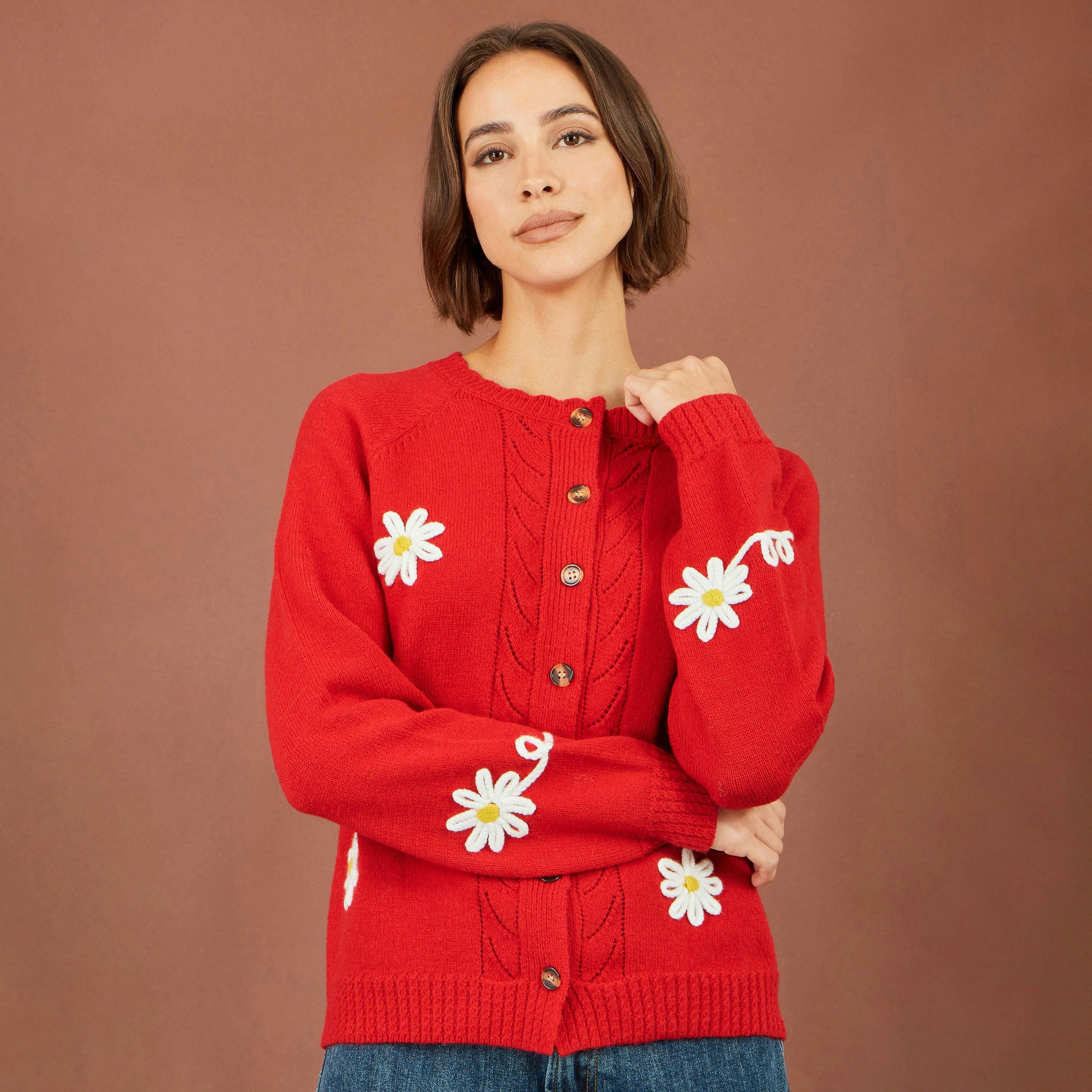 Yumi Red Daisy Stitch Cardigan , view 5 of 5